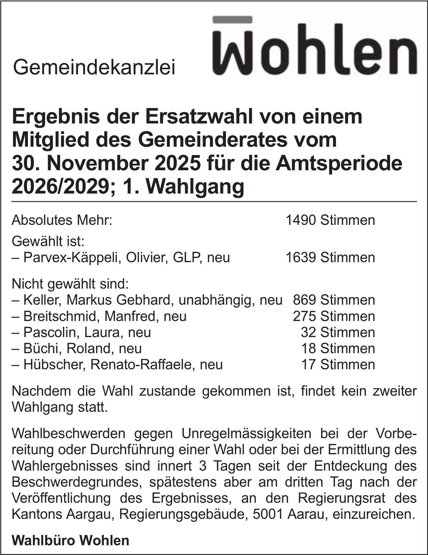 Wahlen & Abstimmungen - Gemeindekanzlei Wohlen, Ergebnis der Ersatzwahl von einem Mitglied des Gemeinderates vom 30. November 2025, Amtsperiode 2026/2029; 1. Wahlgang