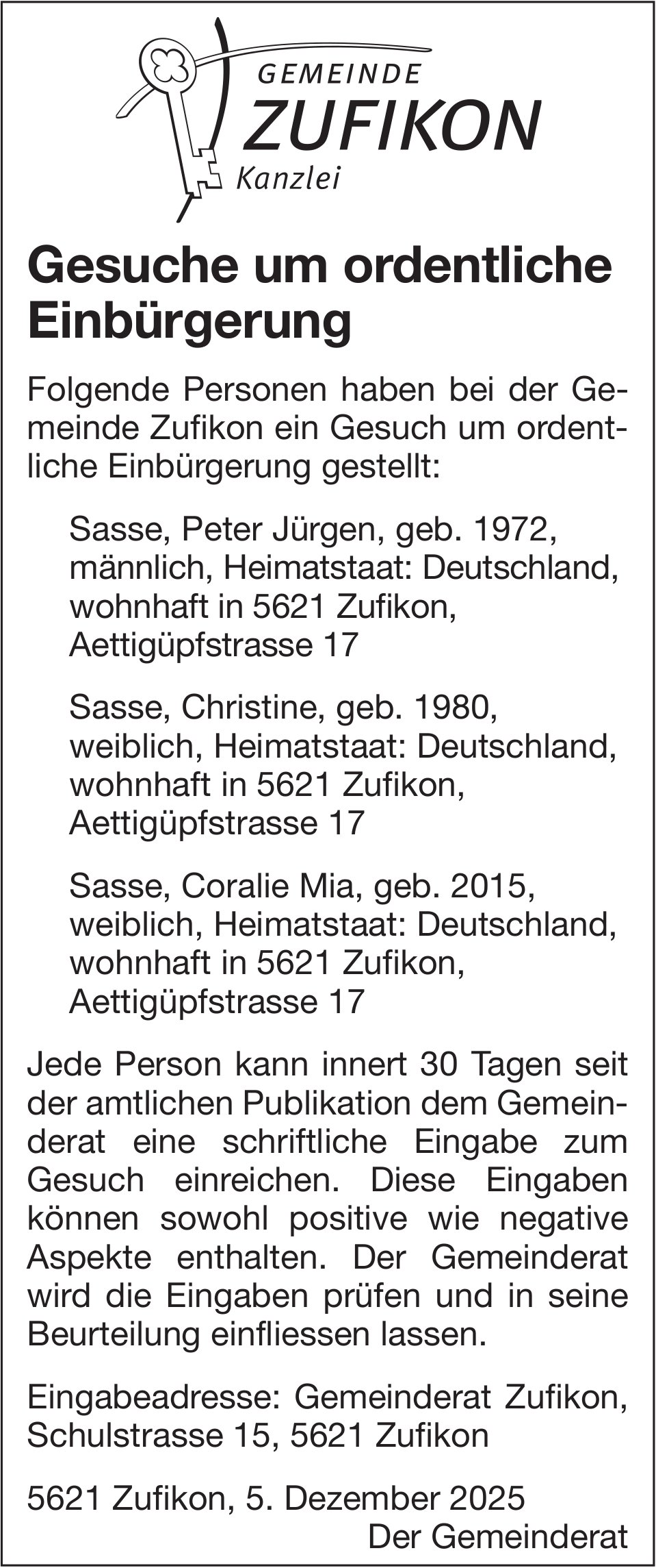 Gemeinde Zufikon, Gesuche um ordentliche Einbürgerung