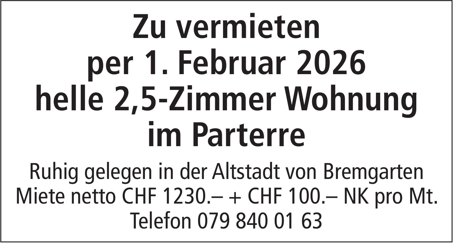 Helle 2,5-Zimmer Wohnung im Parterre, Altstadt Bremgarten, zu vermieten