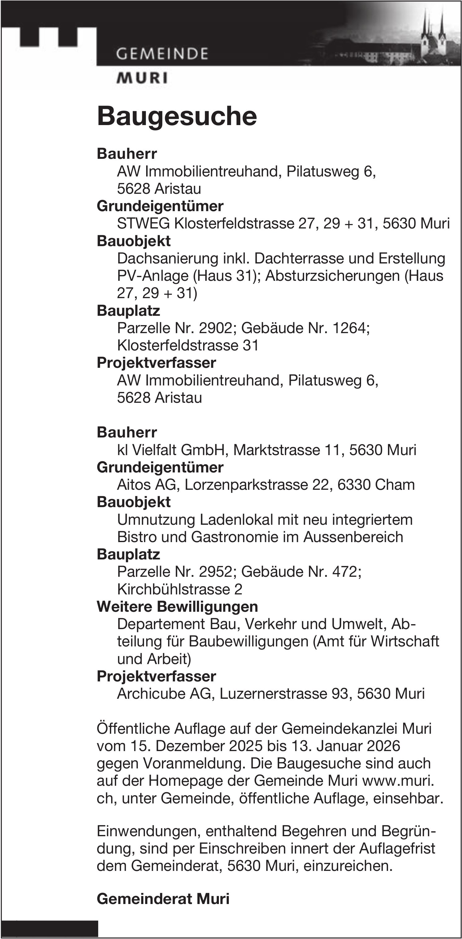 Baugesuche - Gemeinde Muri, Baugesuche, AW Immobilientreuhand / kl Vielfalt GmbH