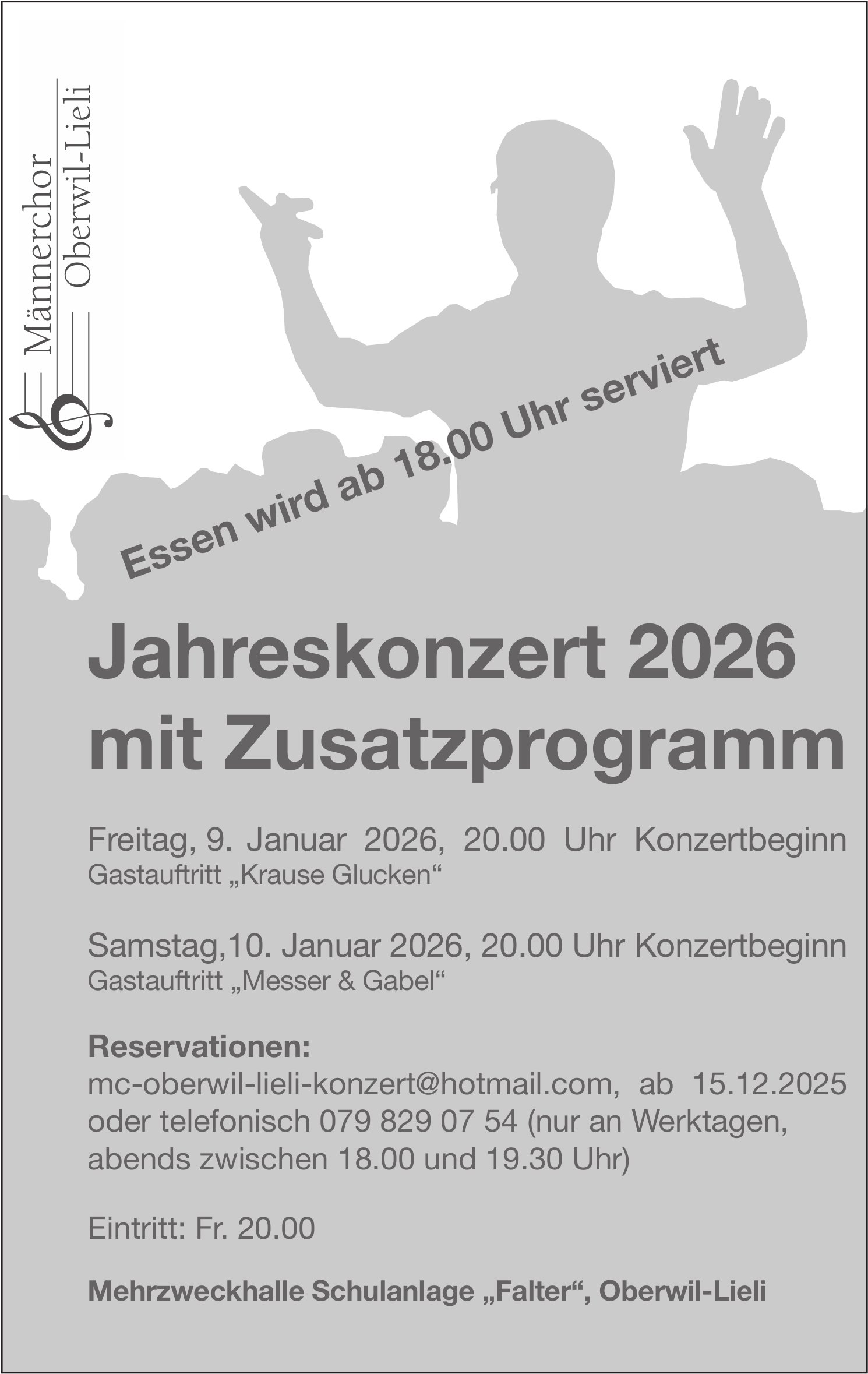 Jahreskonzert 2026 Männerchor Oberwiel-Lieli mit Zusatzprogramm, 9./10. Januar, MZH Schulanlage 