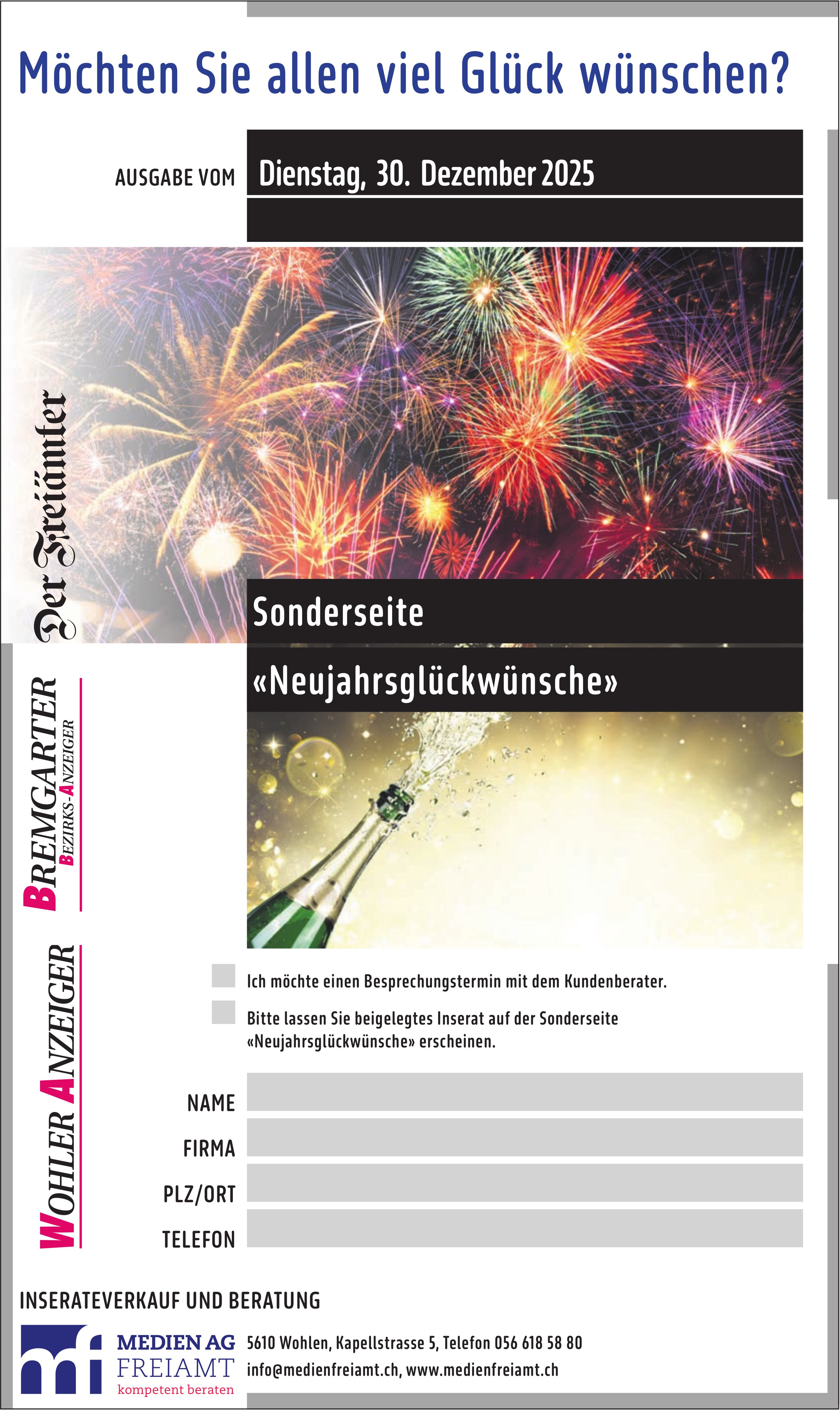 Medien AG Freiamt, Wohlen - Möchten Sie allen viel Glück wünschen? Sonderseite «Neujahrsglückwünsche»