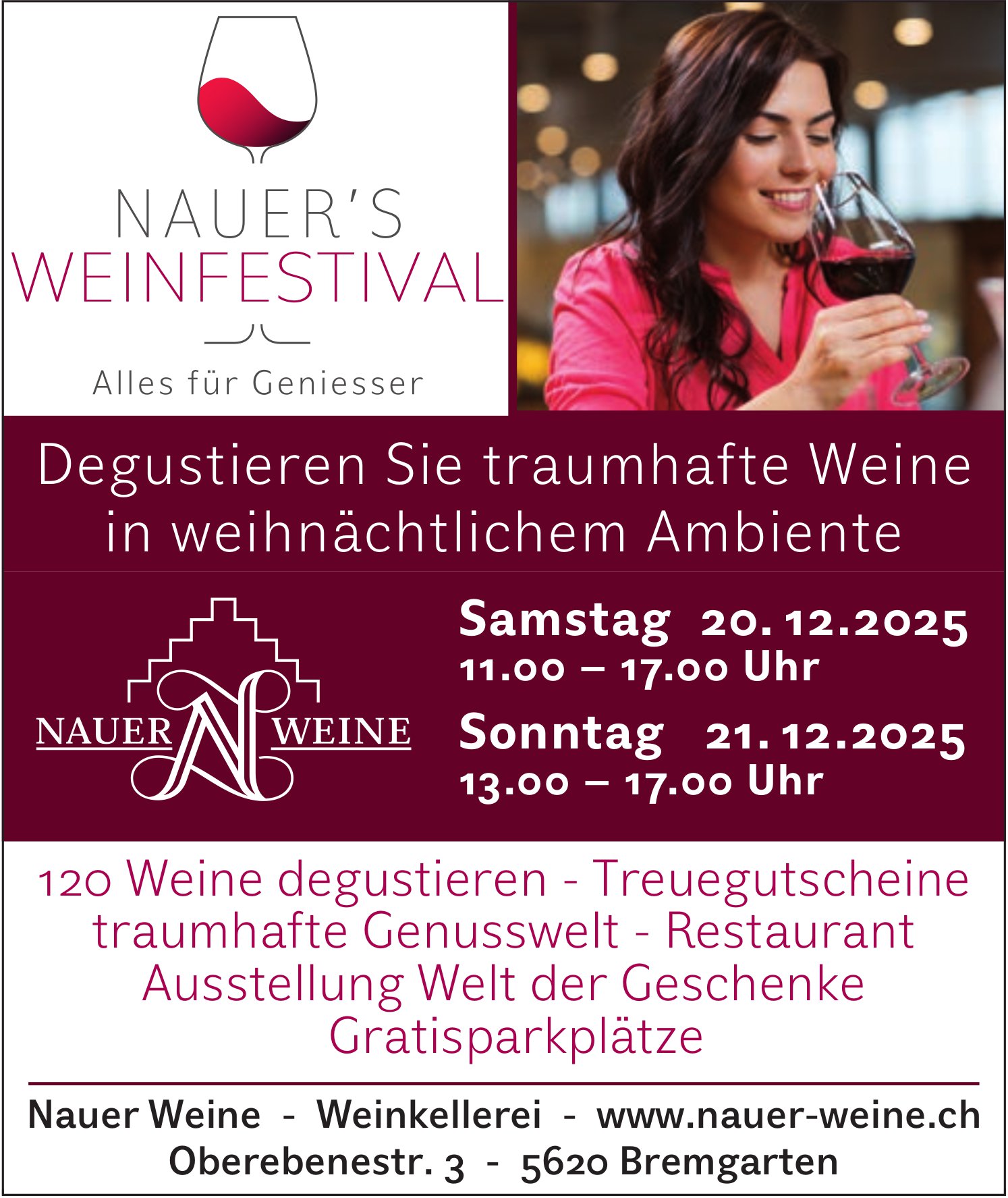 Degustieren Sie traumhafte Weine in weihnächtlichem Ambiente, 20./21. Dezember, Nauer’s Weinfestival, Bremgarten