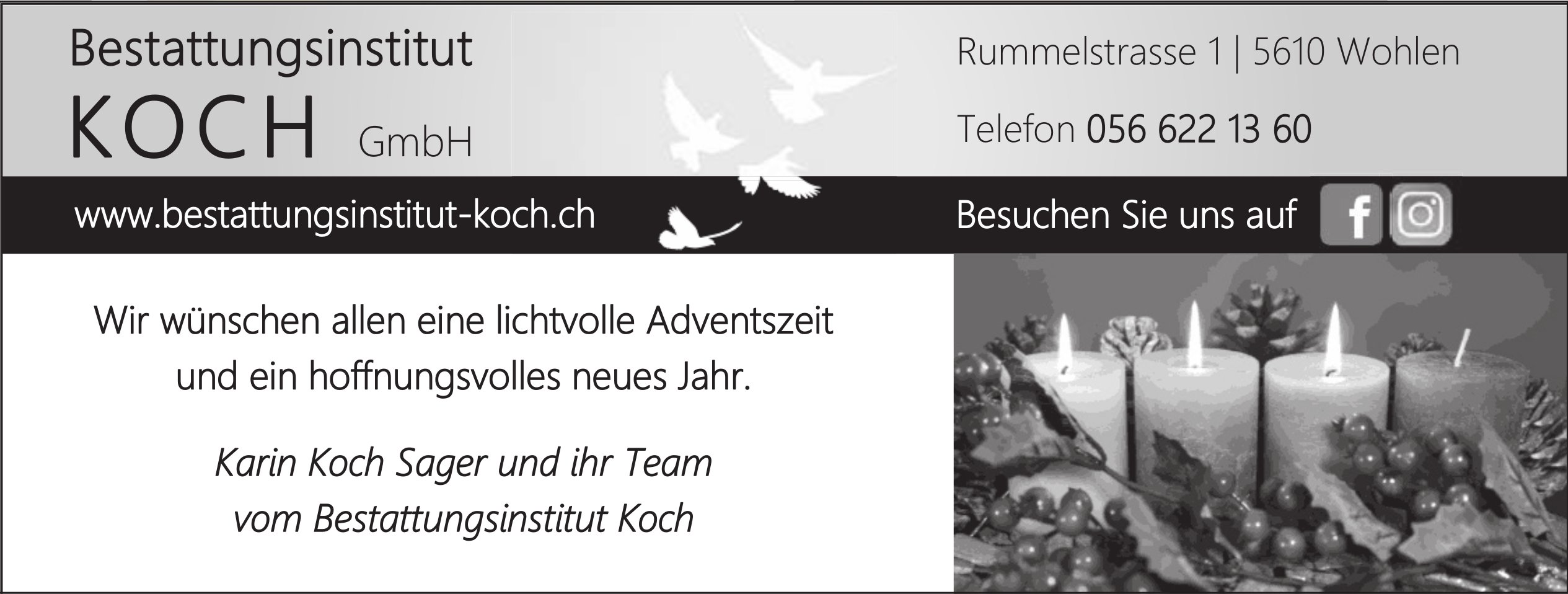 Bestattungsinstitut Koch GmbH, Wir wünschen allen eine lichtvolle Adventszeit und ein hoffnungsvolles neues Jahr