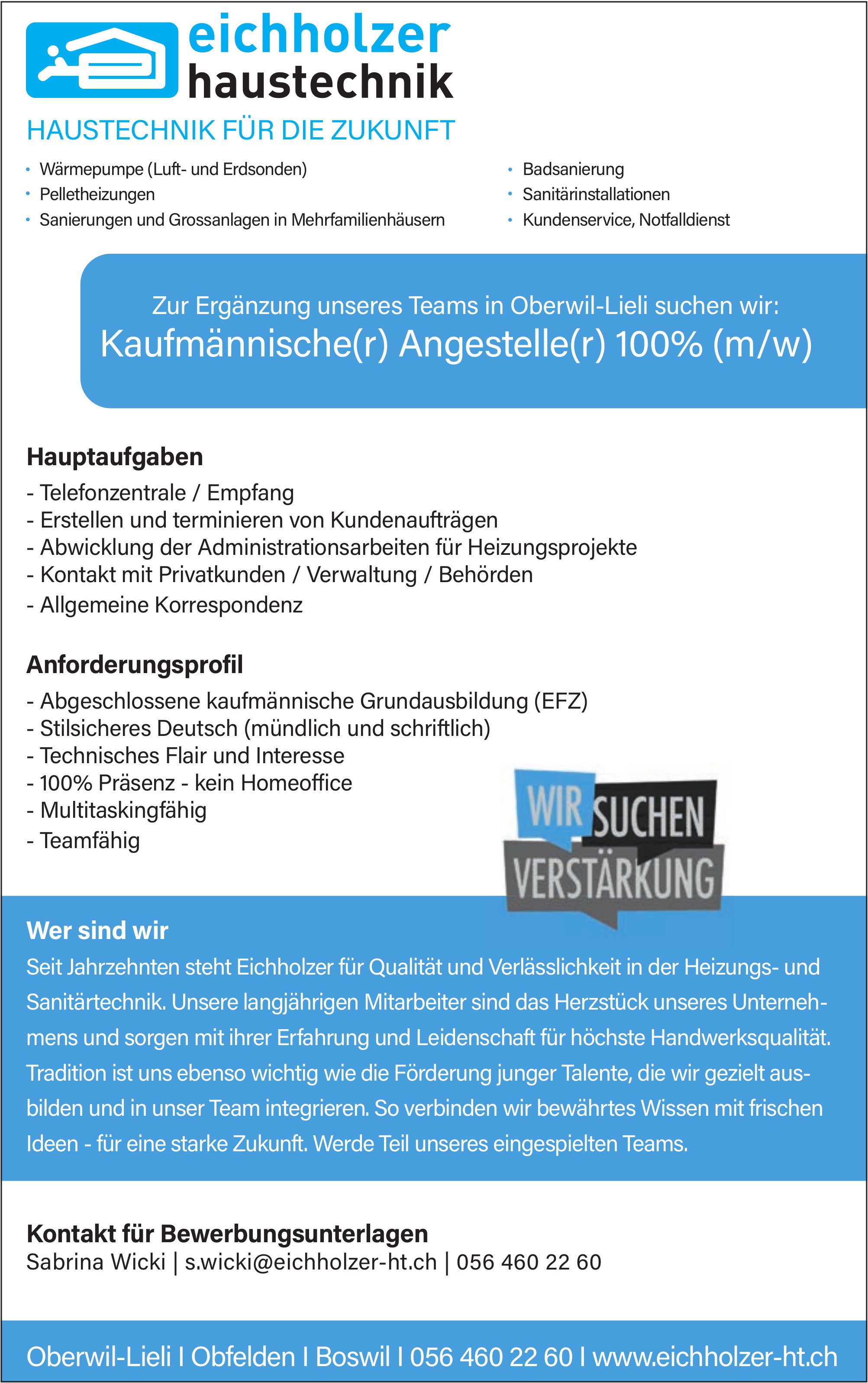 Kaufmännische(r) Angestelle(r) 100% (m/w), Eichholzer Haustechnik AG, Boswil, gesucht