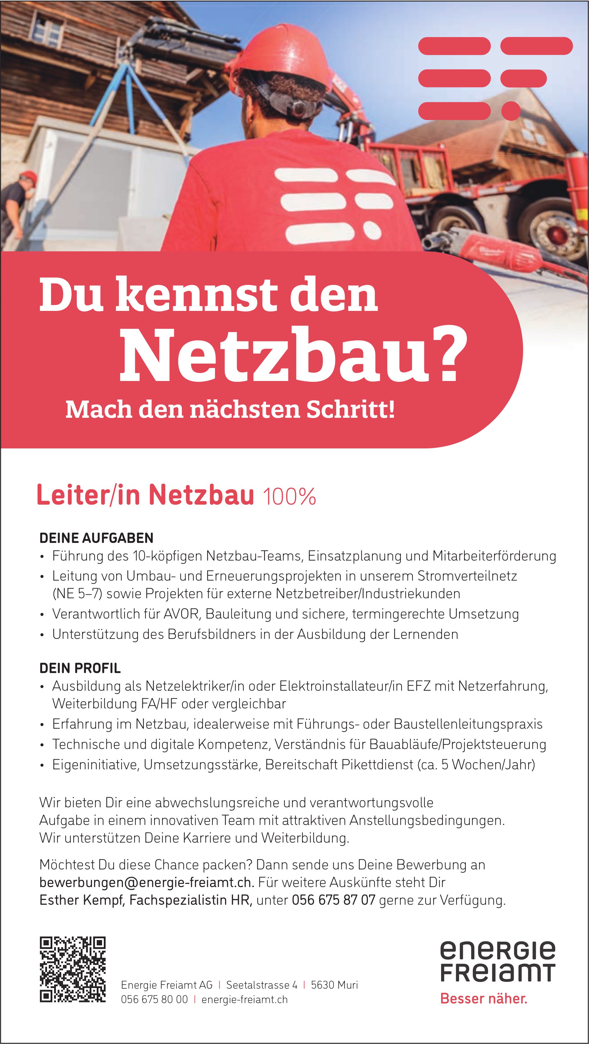 Leiter/in Netzbau 100%, Energie Freiamt AG, Muri, gesucht