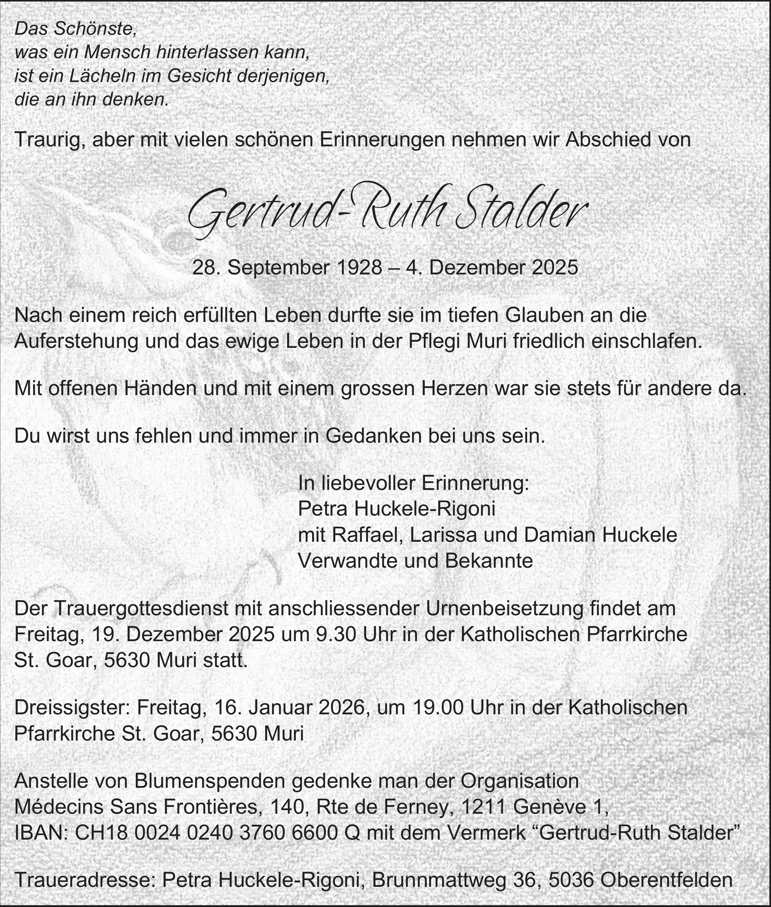 Gertrud-Ruth Stalder, Dezember 2025 / TA