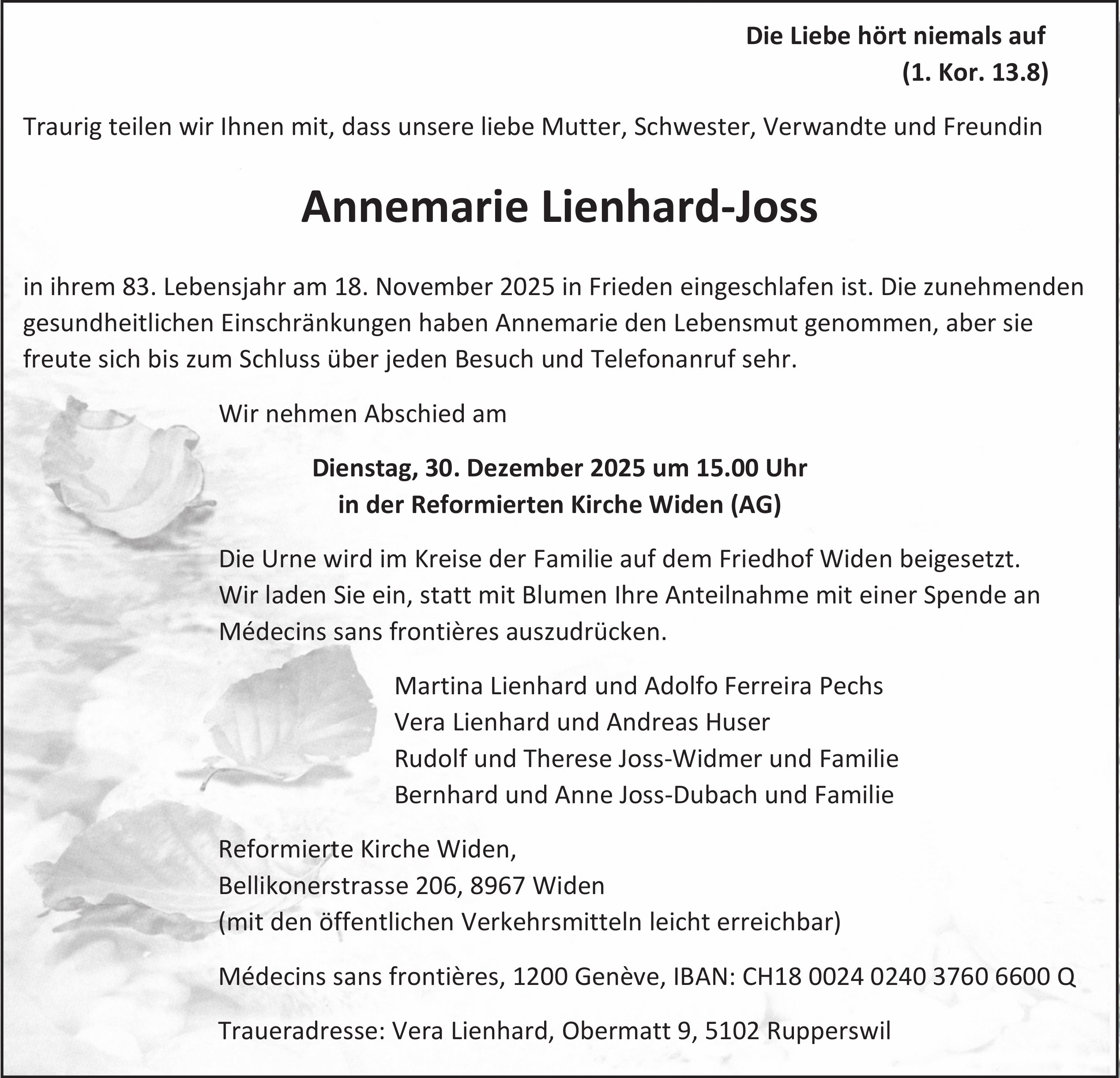 Annemarie Lienhard-Joss, November 2025 / TA