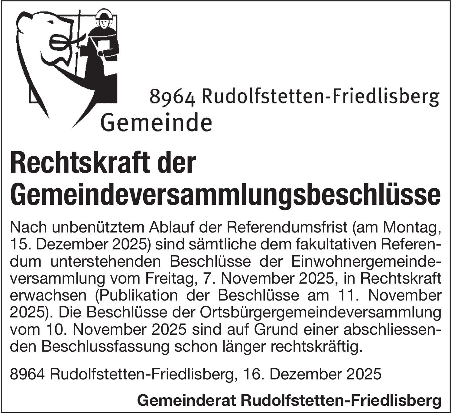 Gemeinde Rudolfstetten-Friedlisberg, Rechtskraft der Gemeindeversammlungsbeschlüsse