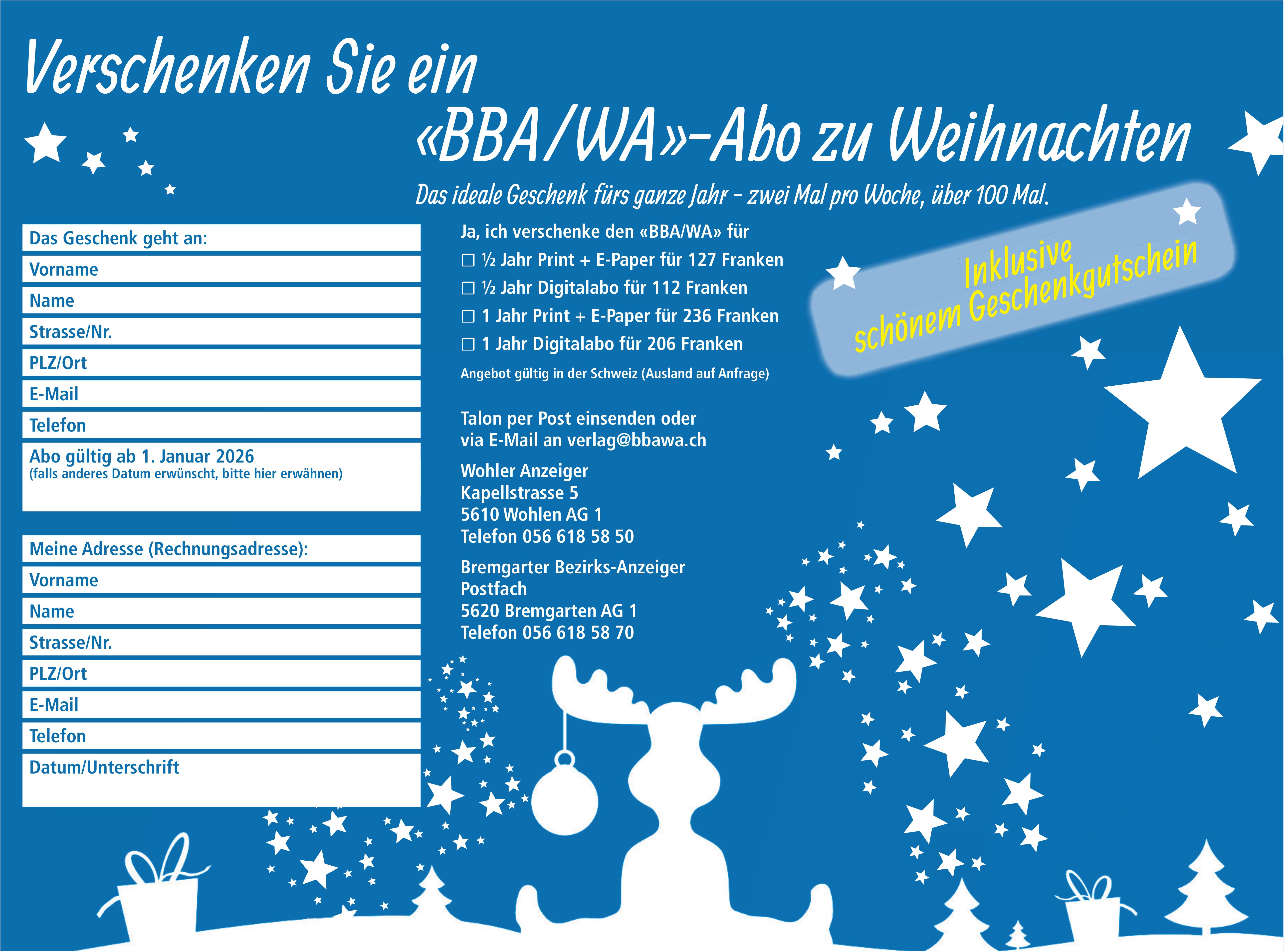 Verschenken Sie ein «BBA/WA»-Abo zu Weihnachten, Wohler Anzeiger / Bremgarter Bezirks-Anzeiger