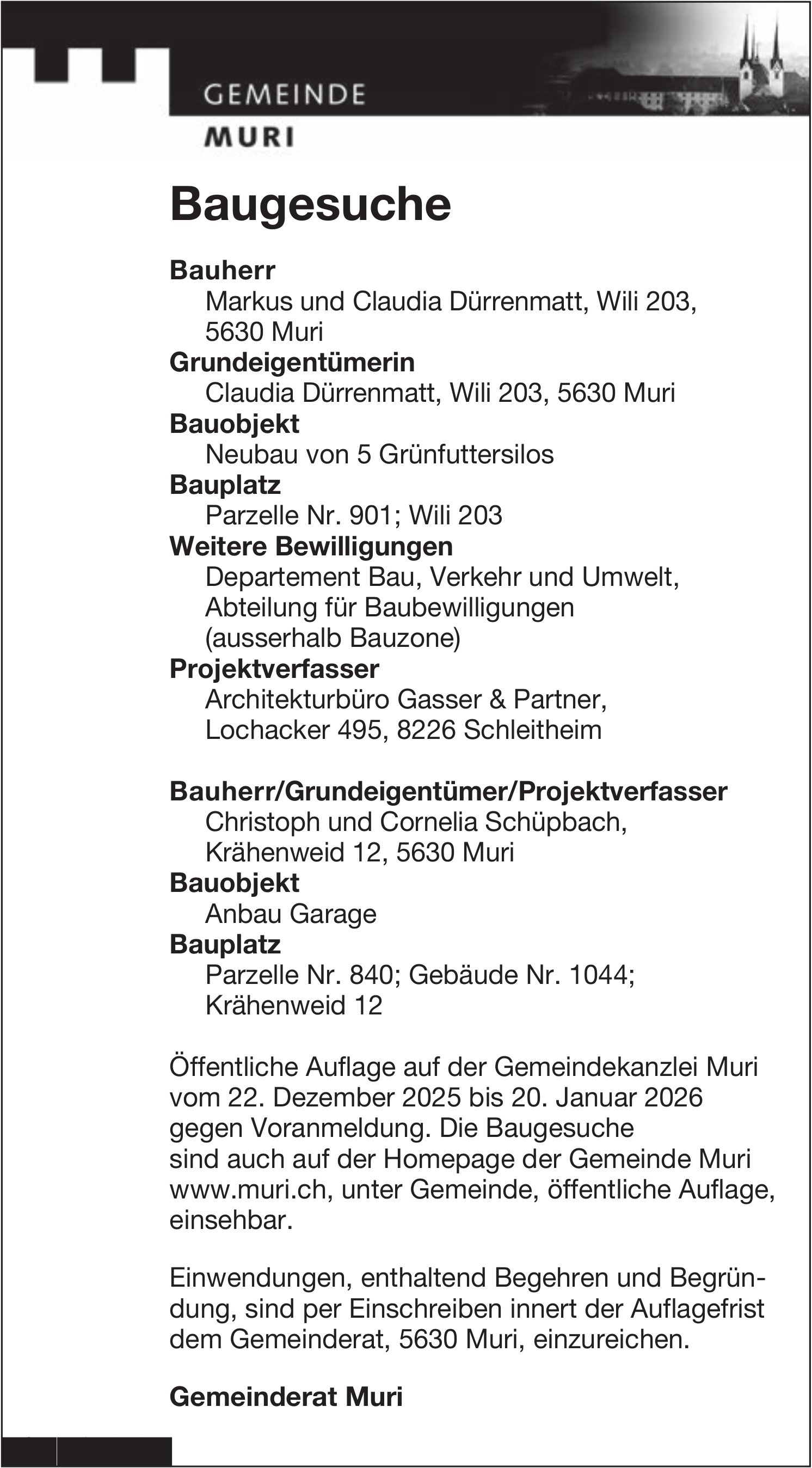 Baugesuche, Gemeinde Muri