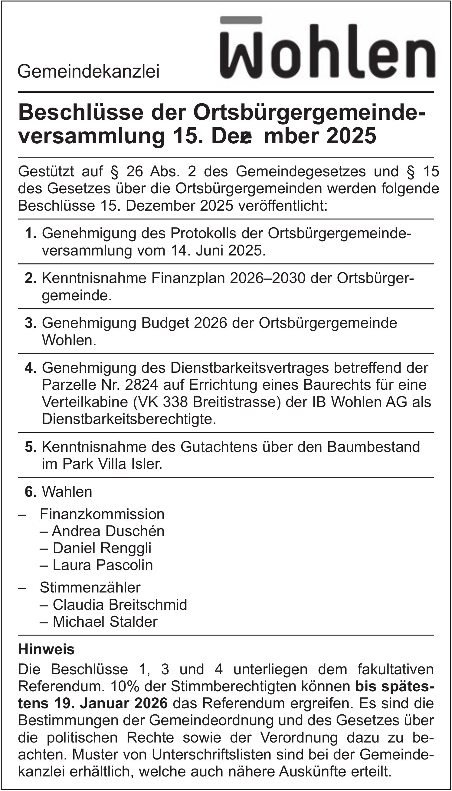 Gemeinde, Wahlen - Beschlüsse der Ortsbürgergemeindeversammlung 15. Dezember 2025