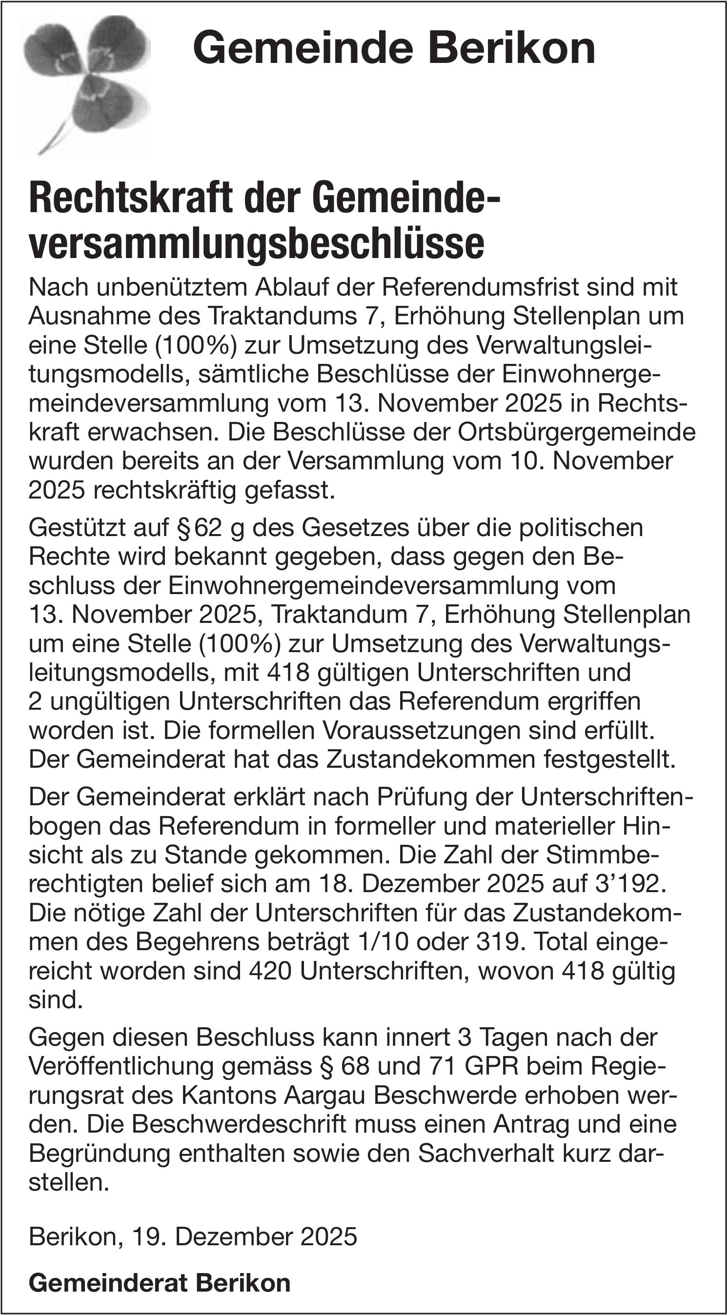 Gemeinde Berikon, Rechtskraft der Gemeindeversammlungsbeschlüsse