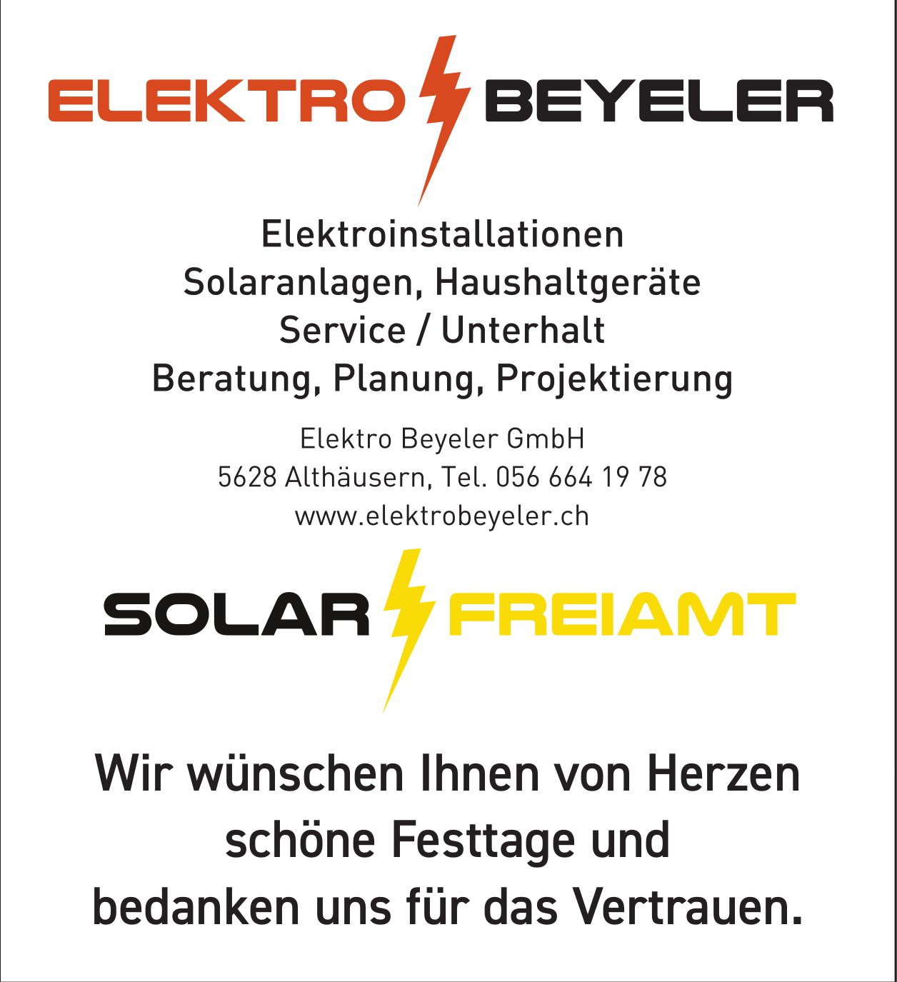 Elektro Beyeler GmbH, Althäusern - Wir wünschen Ihnen von Herzen schöne Festtage und bedanken uns für das Vertrauen