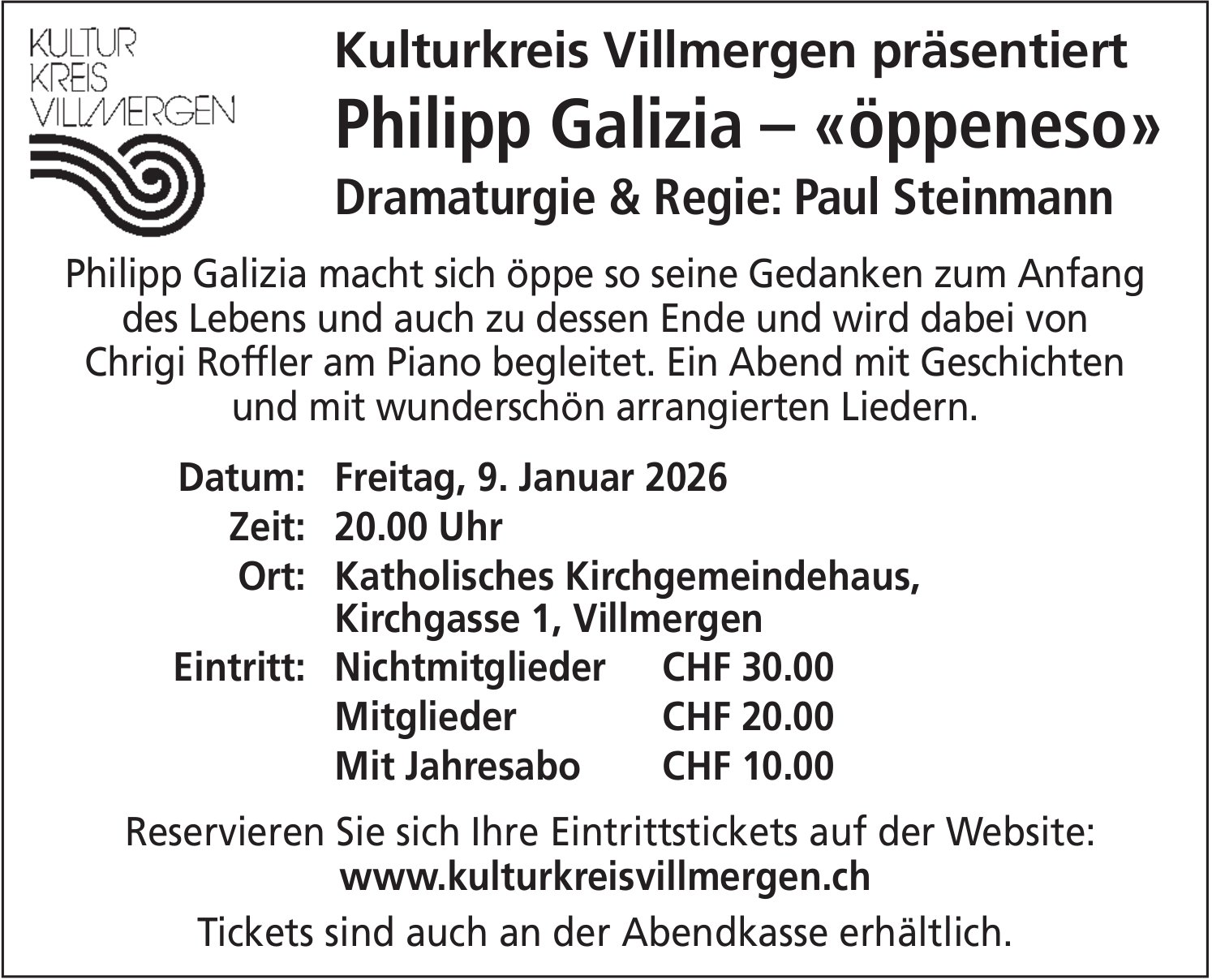 Philipp Galizia – «öppeneso», 9. Januar, Katholisches Kirchgemeindehaus, Villmergen