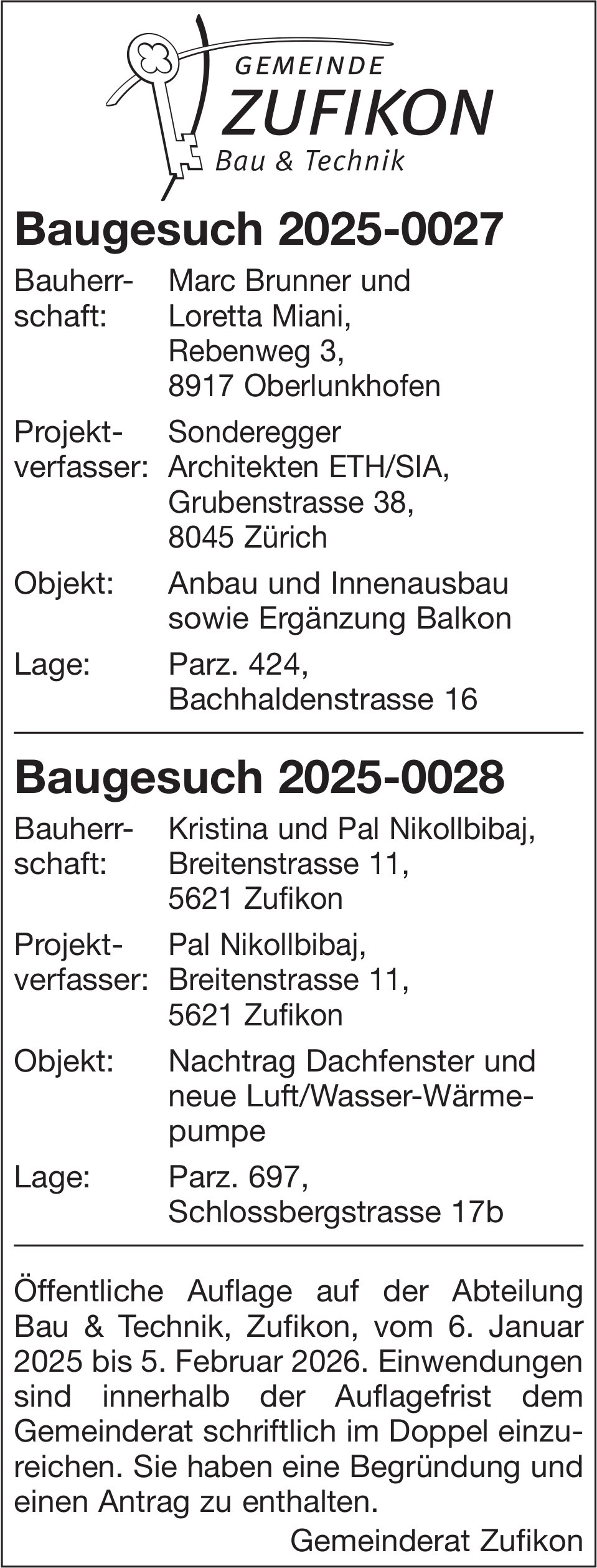 Baugesuche, Gemeinde Zufikon, Baugesuche 2025-0027 / 2025-0028