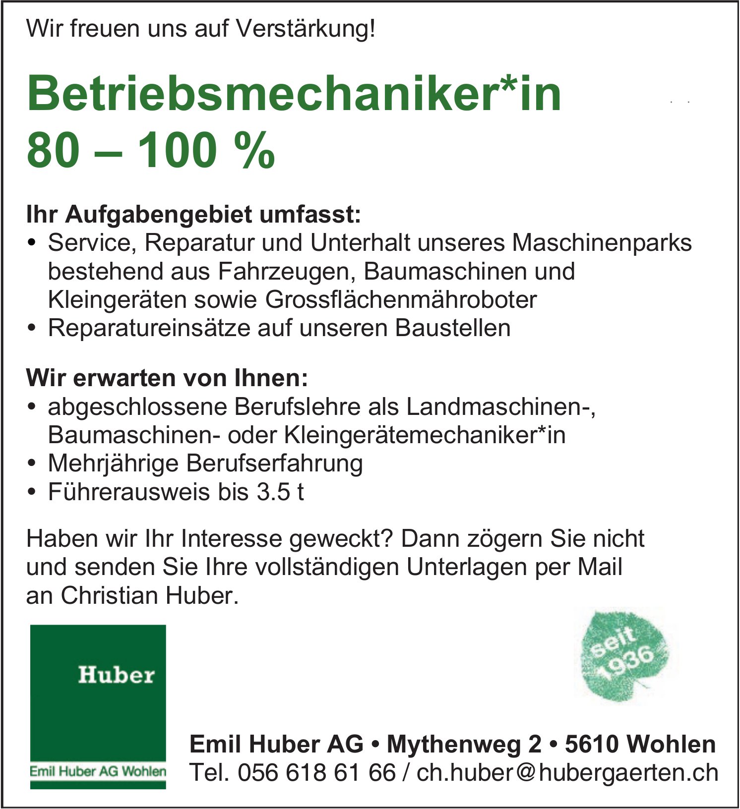 Betriebsmechaniker*in 80 – 100 %, Emil Huber AG, Wohlen, gesucht