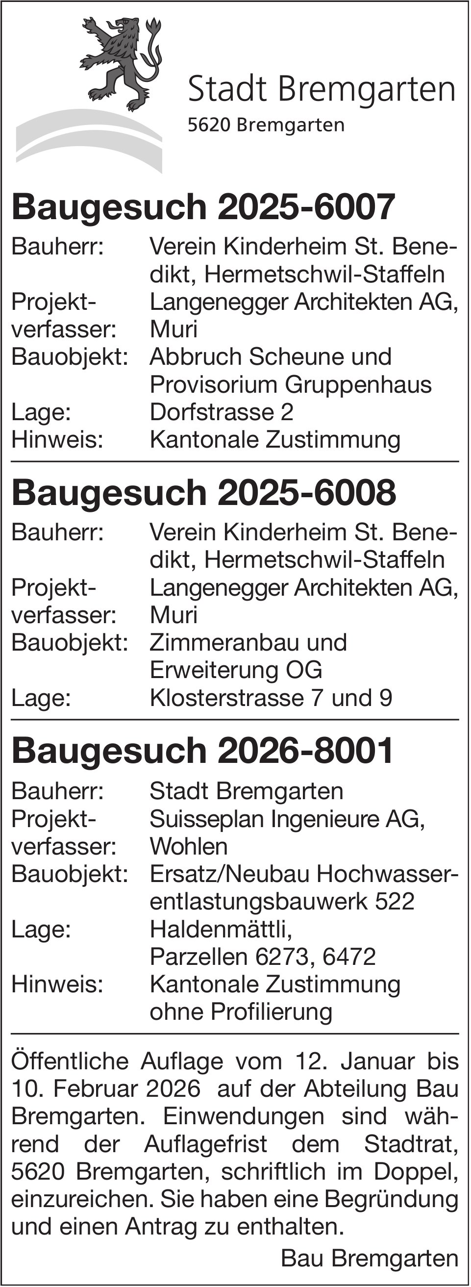 Baugesuche, Stadt Bremgarten, Baugesuche 2025-6007, 2025-6008, 2026-8001
