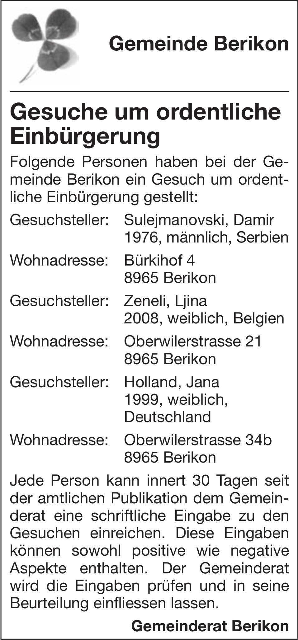 Gemeinde, Gemeinde Berikon, Gesuche um ordentliche Einbürgerung