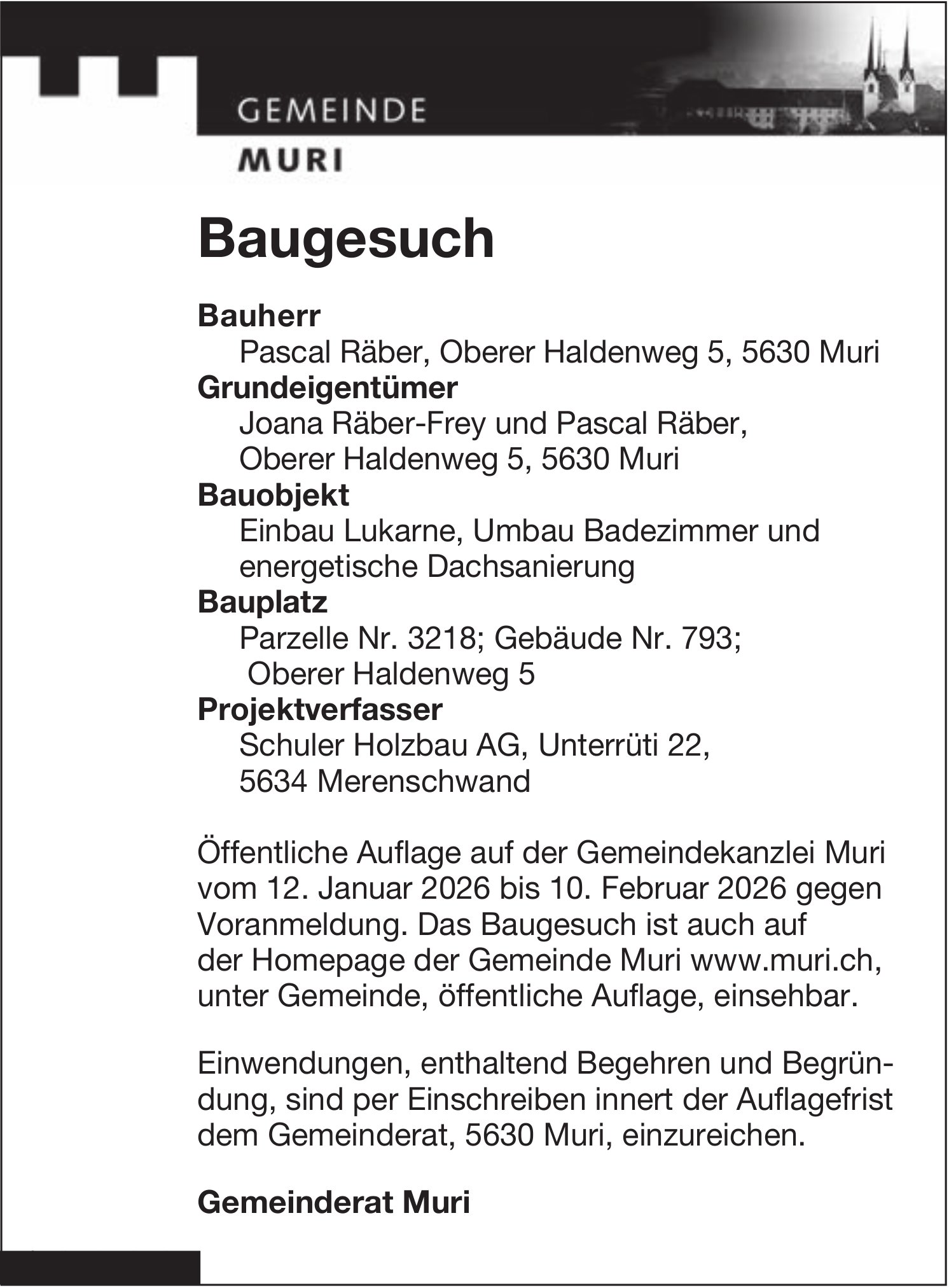 Baugesuche, Gemeinde Muri - Pascal Räber