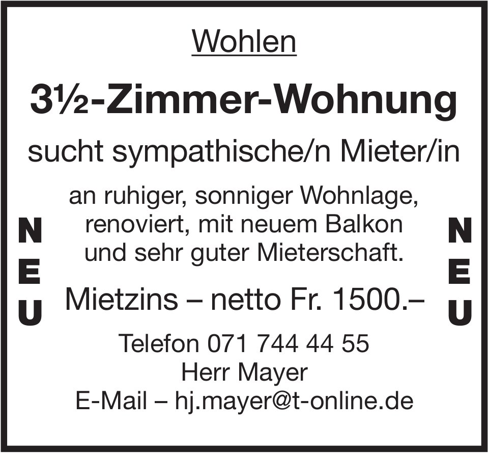 3½-Zimmer-Wohnung, Wohlen, zu vermieten