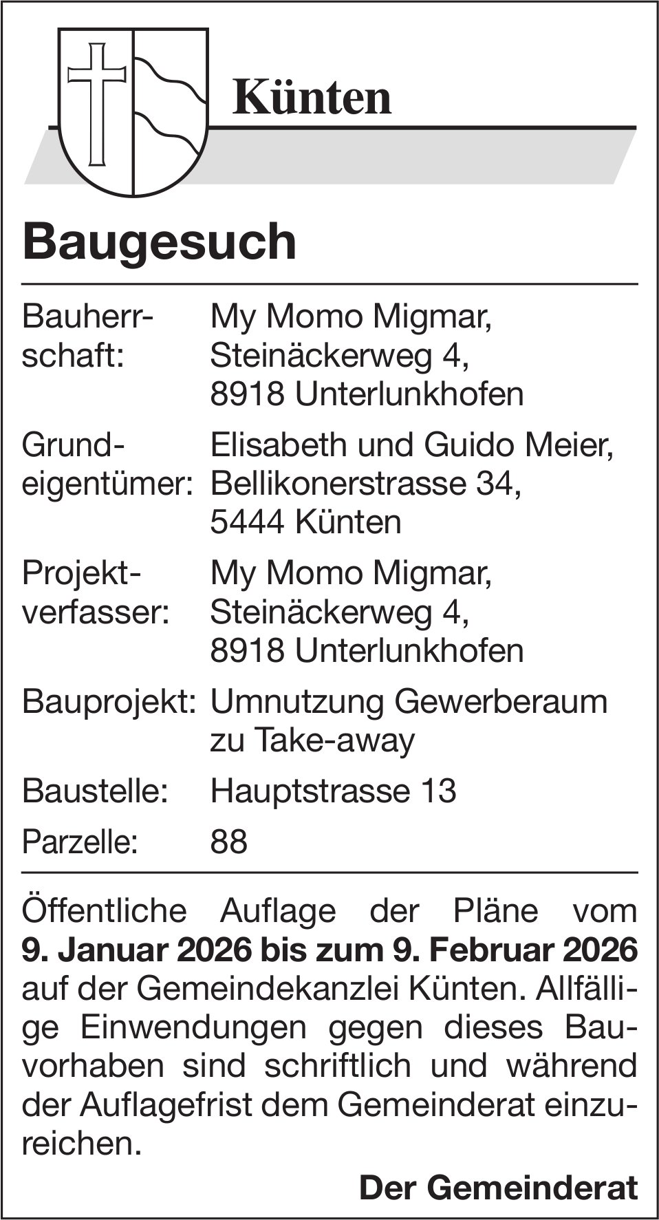 Baugesuche, Unterlunkhofen - Künten, Bauprojekt