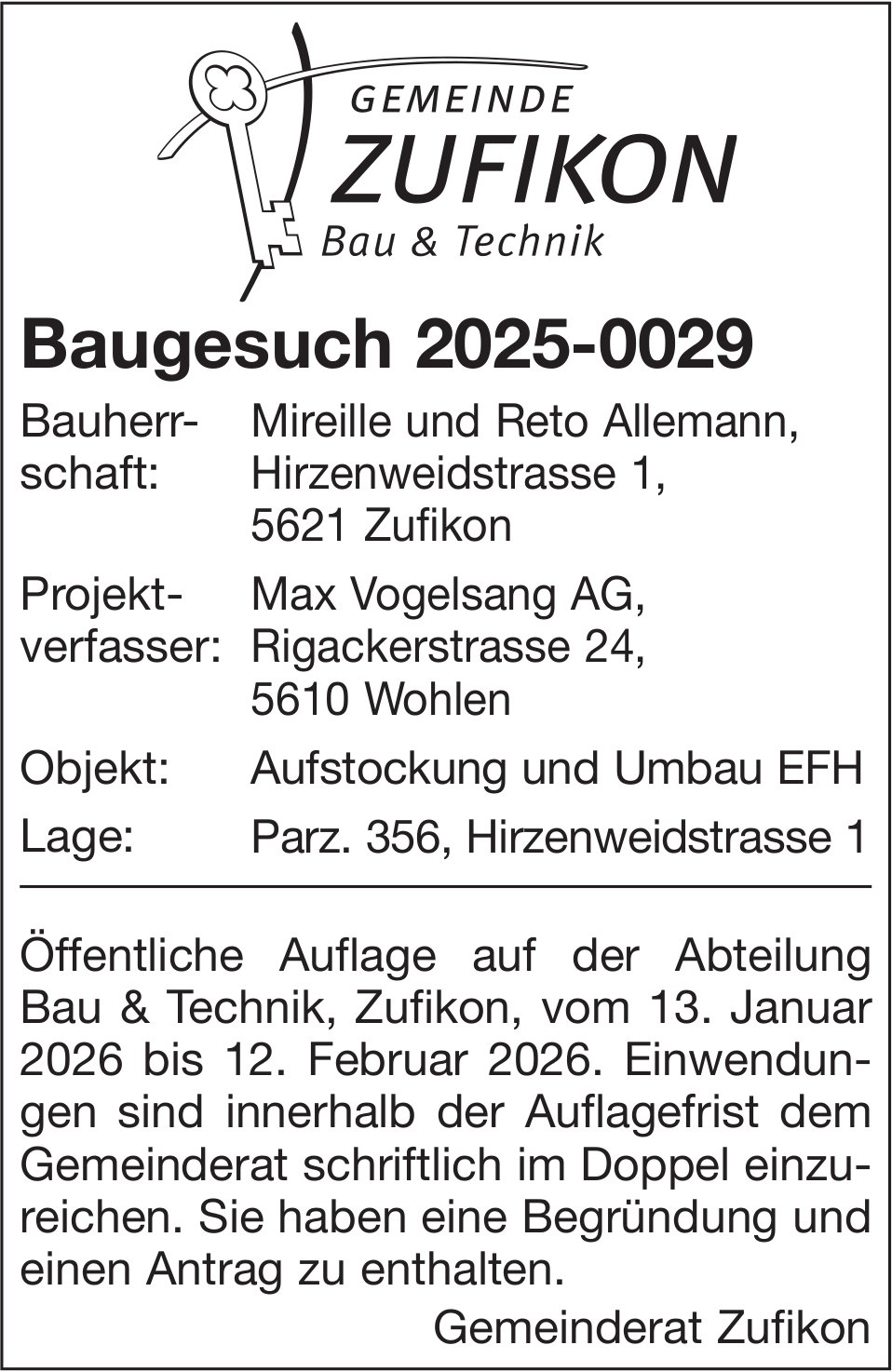 Baugesuche, Wohlen - Mireille und Reto Allemann, Baugesuch 2025-0029