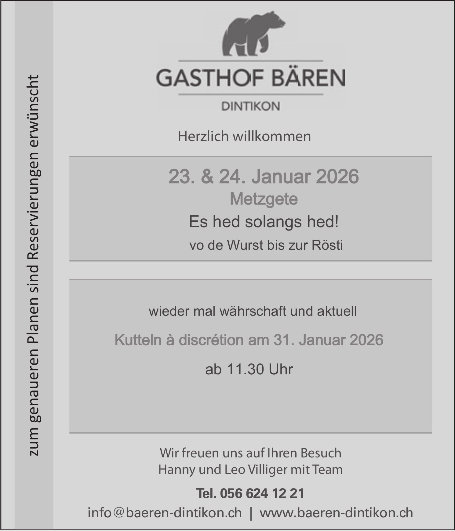 Es hed solangs hed! vo de Wurst bis zur Rösti, 23. & 24. Januar, Gasthof Bären, Dintikon