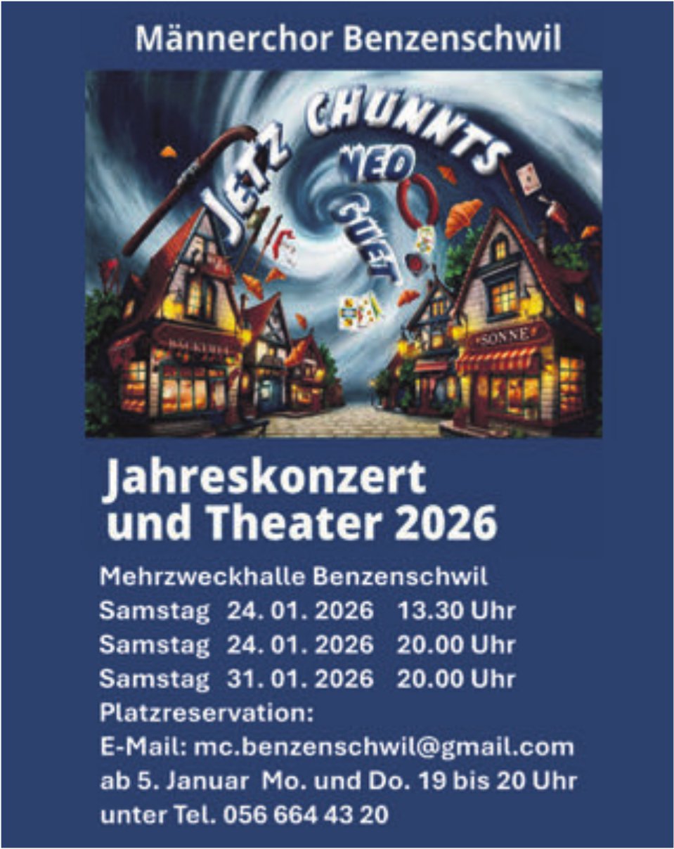 Jahreskonzert und Theater 2026 - Männerchor Benzenschwil, 24. / 31. Januar, Mehrzweckhalle Benzenschwil