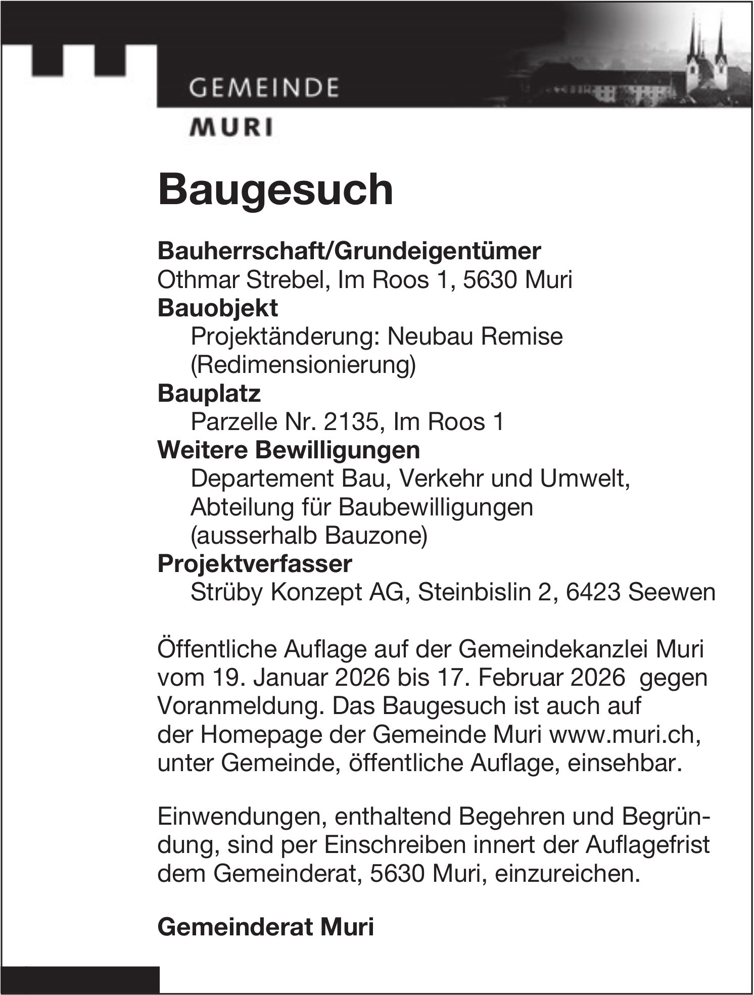 Baugesuche, Muri - Othmar Strebel, Baugesuch