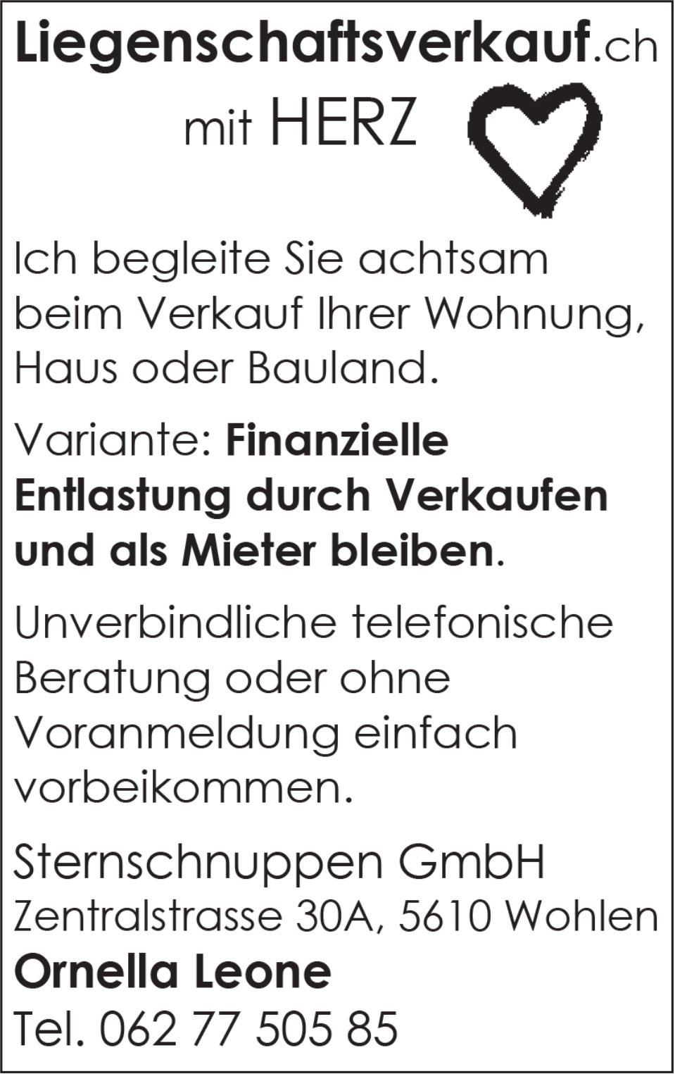Sternschnuppen GmbH, Wohlen - Ich begleite Sie achtsam beim Verkauf Ihrer Wohnung, Haus oder Bauland
