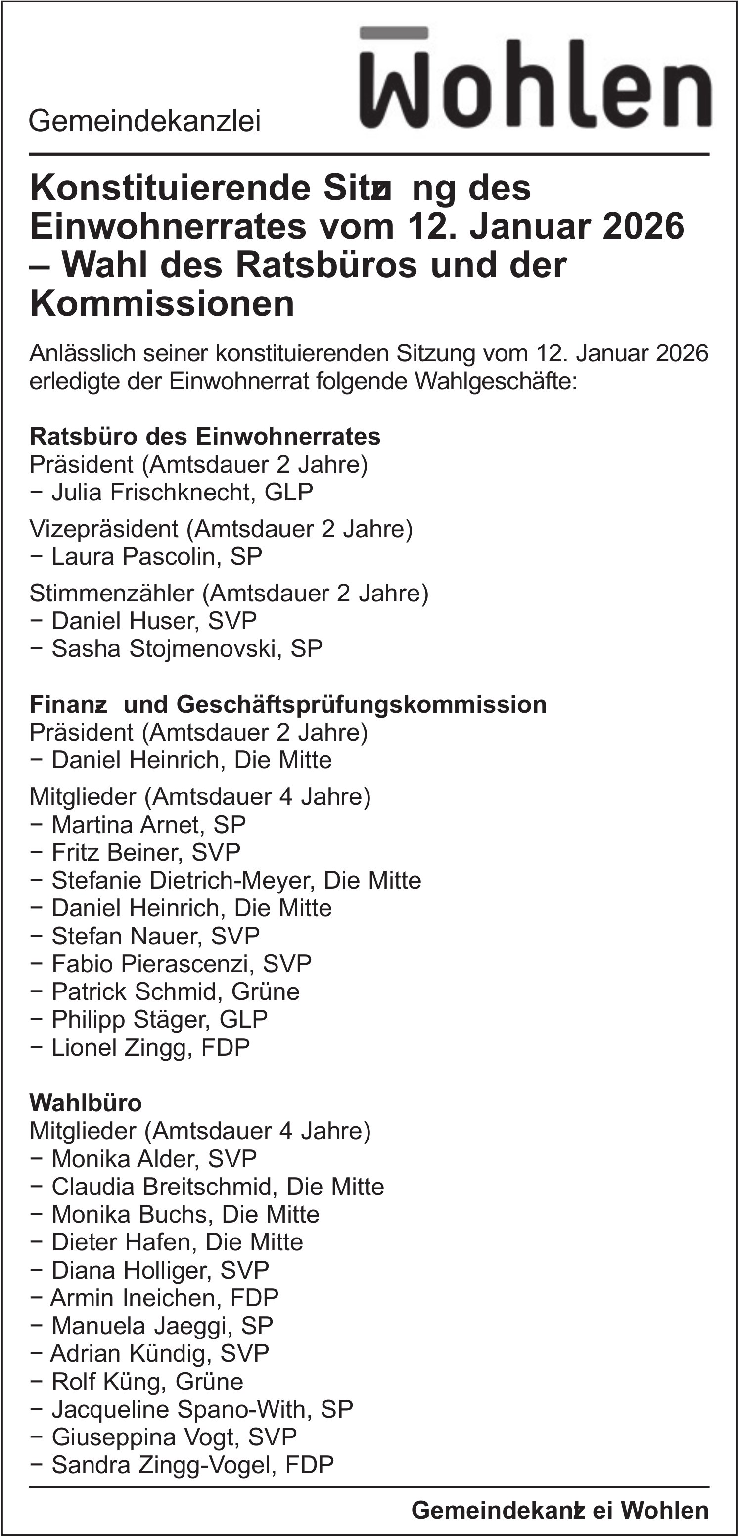 Gemeindekanzlei Wohlen - Konstituierende Sitzung des Einwohnerrates vom 12. Januar 2026