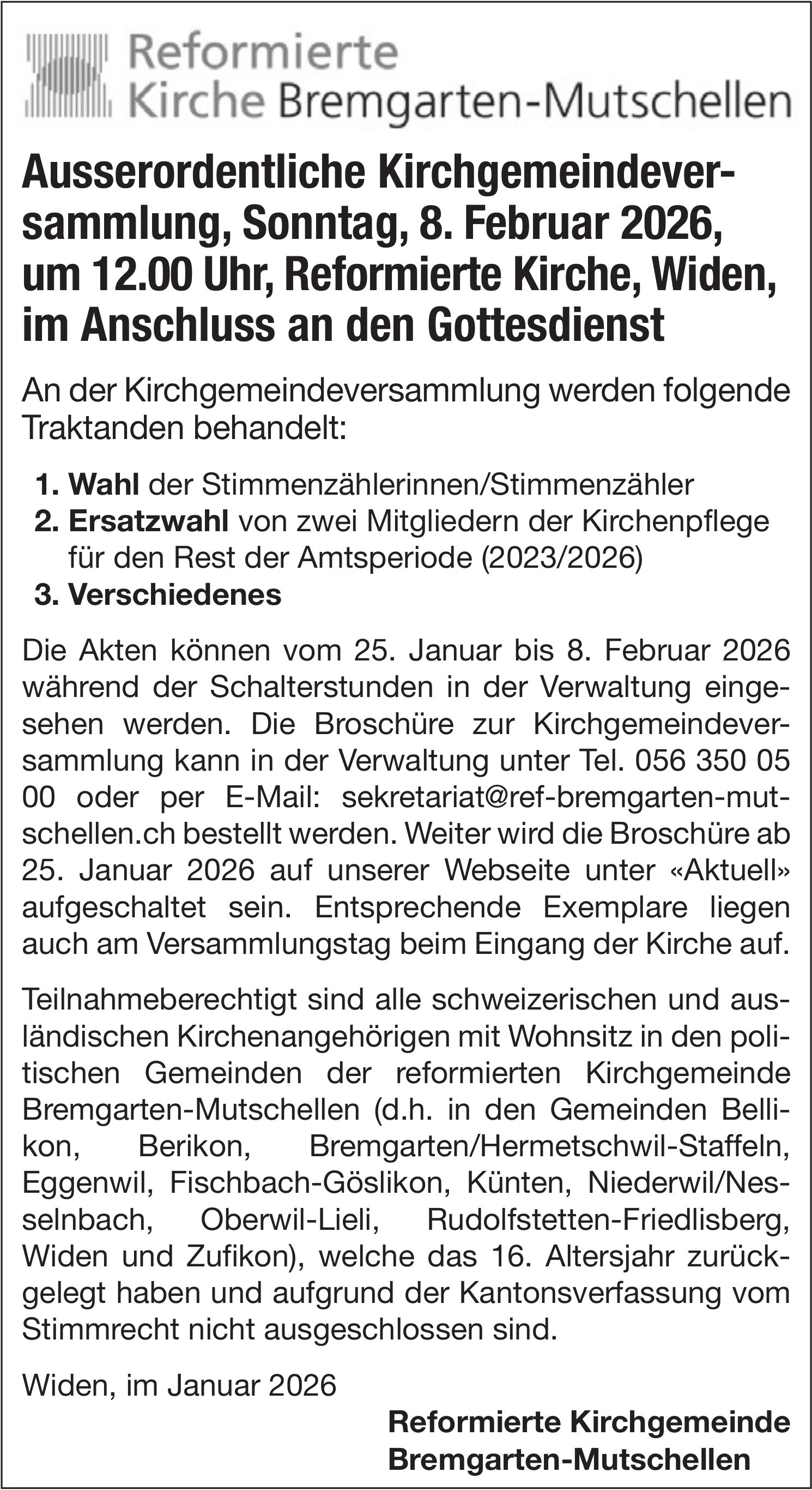 Reformierte Kirche Bremgarten-Mutschellen - Ausserordentliche Kirchgemeindeversammlung, 8. Februar, Reformierte Kirche, Widen