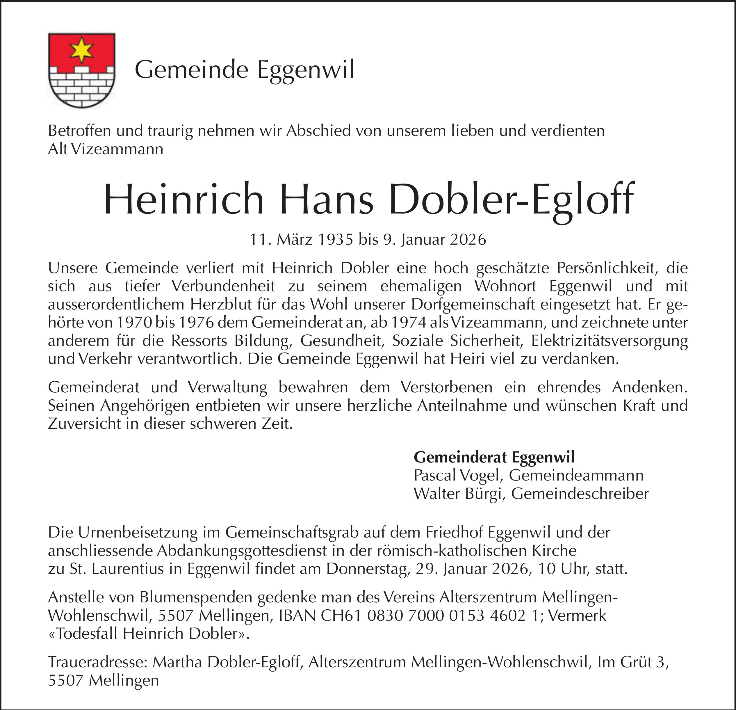 Heinrich Hans Dobler-Egloff, Januar 2026 / TA
