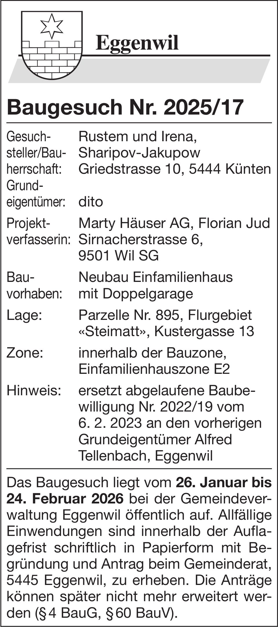 Baugesuche, Eggenwil - Rustem und Irena, Sharipov-Jakupow, Baugesuch Nr. 2025/17
