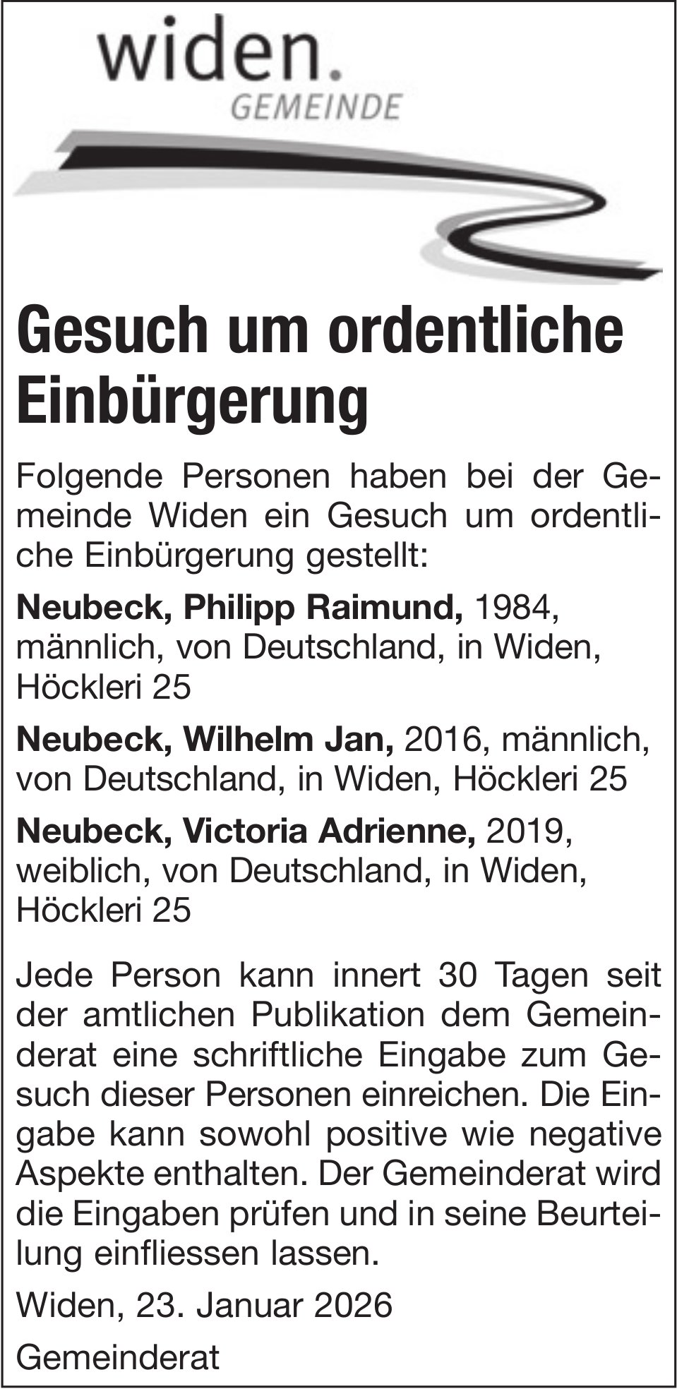 Gemeinde Widen - Gesuch um ordentliche Einbürgerung