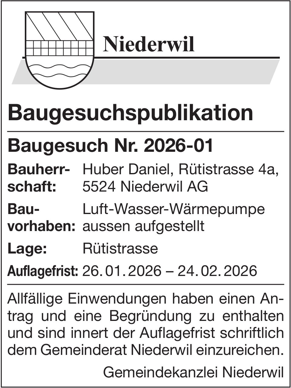 Baugesuche, Niederwil AG, Baugesuchspublikation - Baugesuch Nr. 2026-01