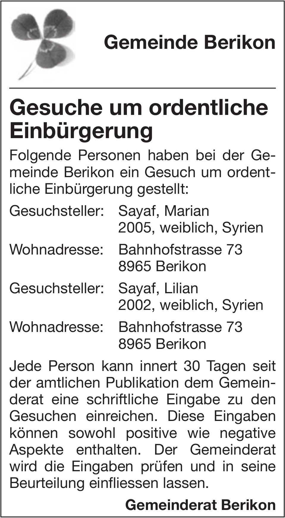 Gemeinde, Gemeinde Berikon, Gesuche um ordentliche Einbürgerung