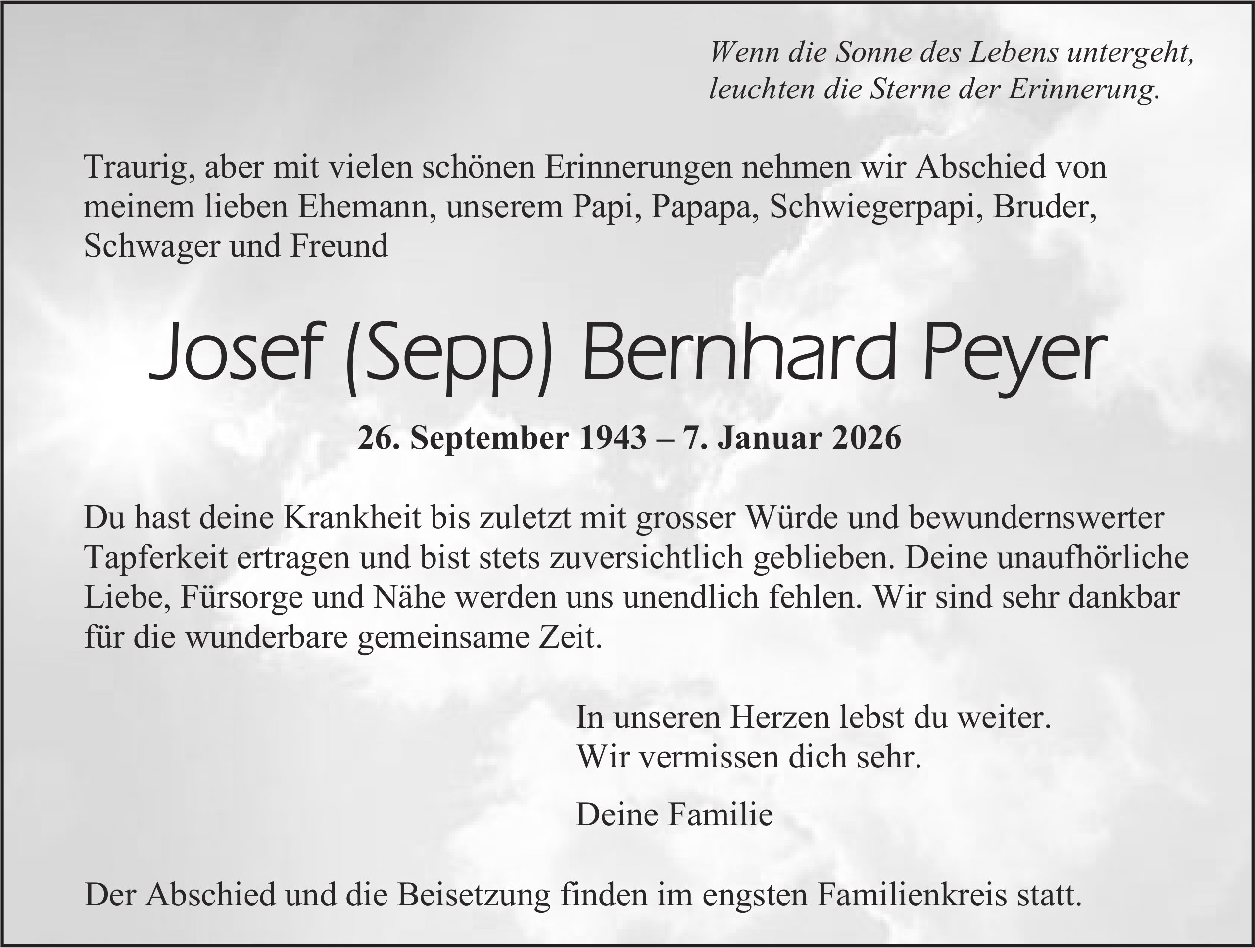 Josef (Sepp) Bernhard Peyer, Januar 2026 / TA