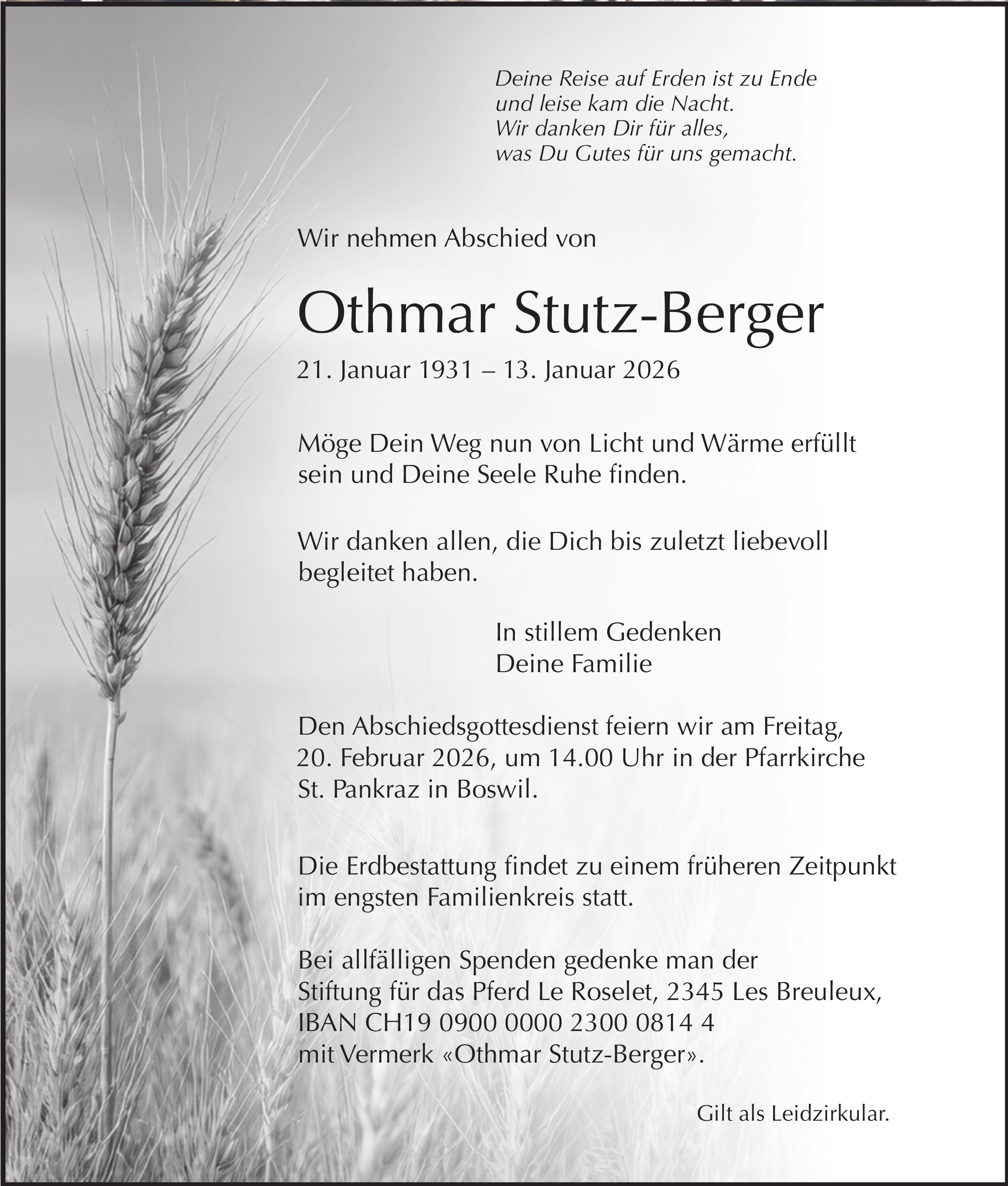 Othmar Stutz-Berger, Januar 2026 / TA
