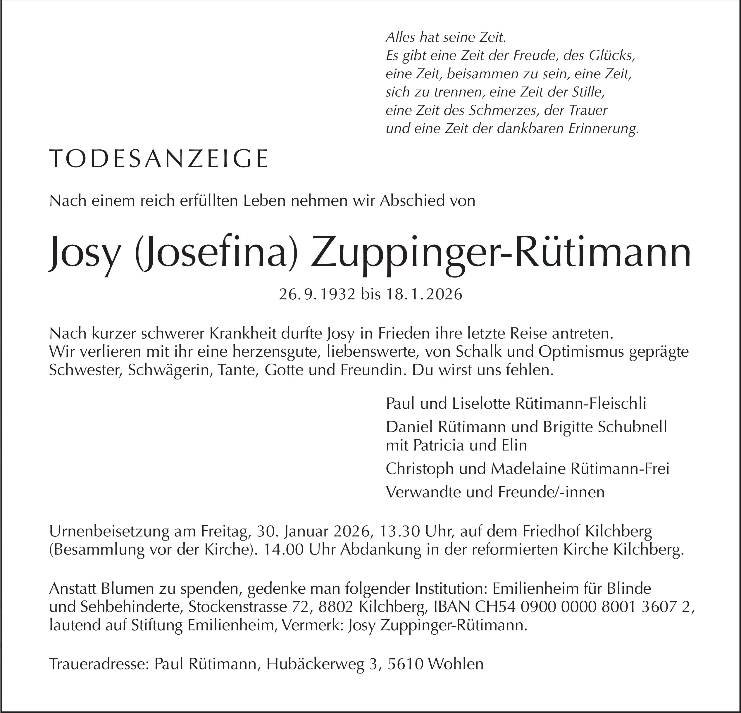 Josy (Josefina) Zuppinger-Rütimann, Januar 2026 / TA