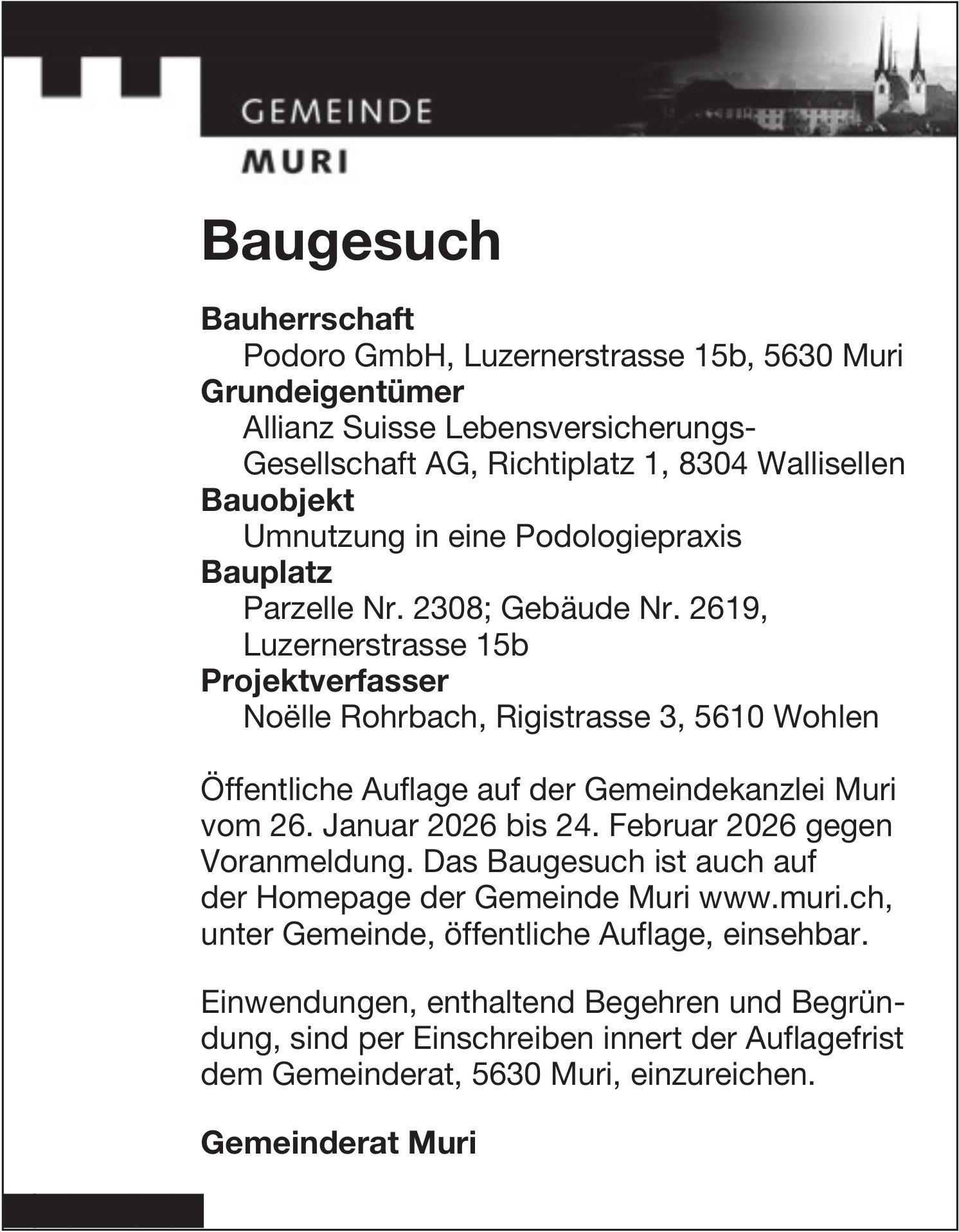 Baugesuche, Muri - Podoro GmbH, Baugesuch
