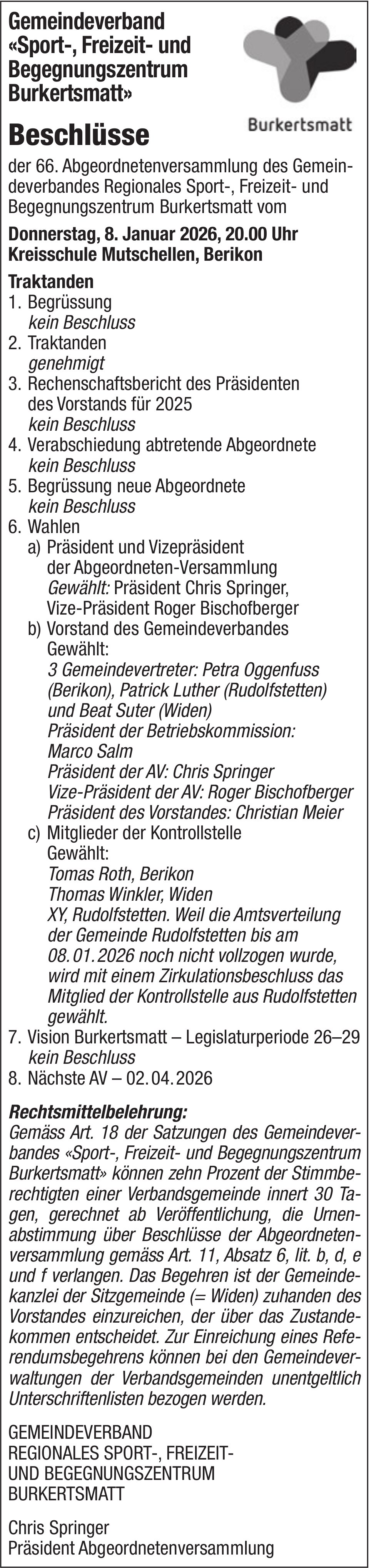 Sonstiges, Berikon - Beschlüsse der 66. Abgeordnetenversammlung des Gemeindeverbandes Regionales Sport-, Freizeit- und Begegnungszentrum Burkertsmatt vom 8. Januar