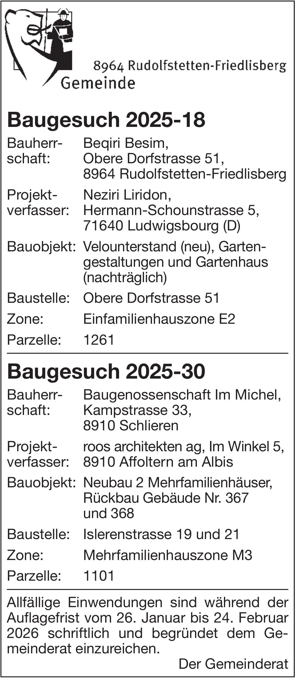 Baugesuche, Rudolfstetten-Friedlisberg - Beqiri Besim / Baugenossenschaft Im Michel, Baugesuche 2025-18 / 2025-30