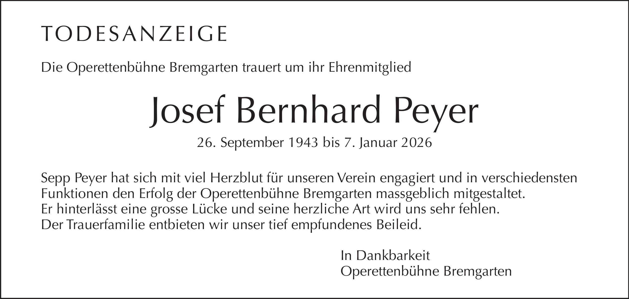 Josef Bernhard Peyer, Januar 2026 / TA