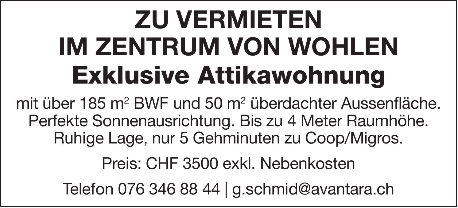 Exklusive Attikawohnung, Zentrum Wohlen, zu vermieten