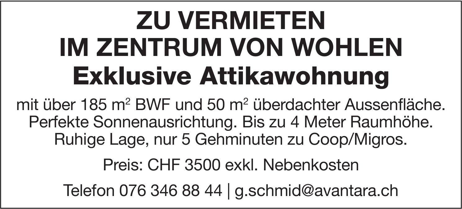 Exklusive Attikawohnung, Zentrum Wohlen, zu vermieten