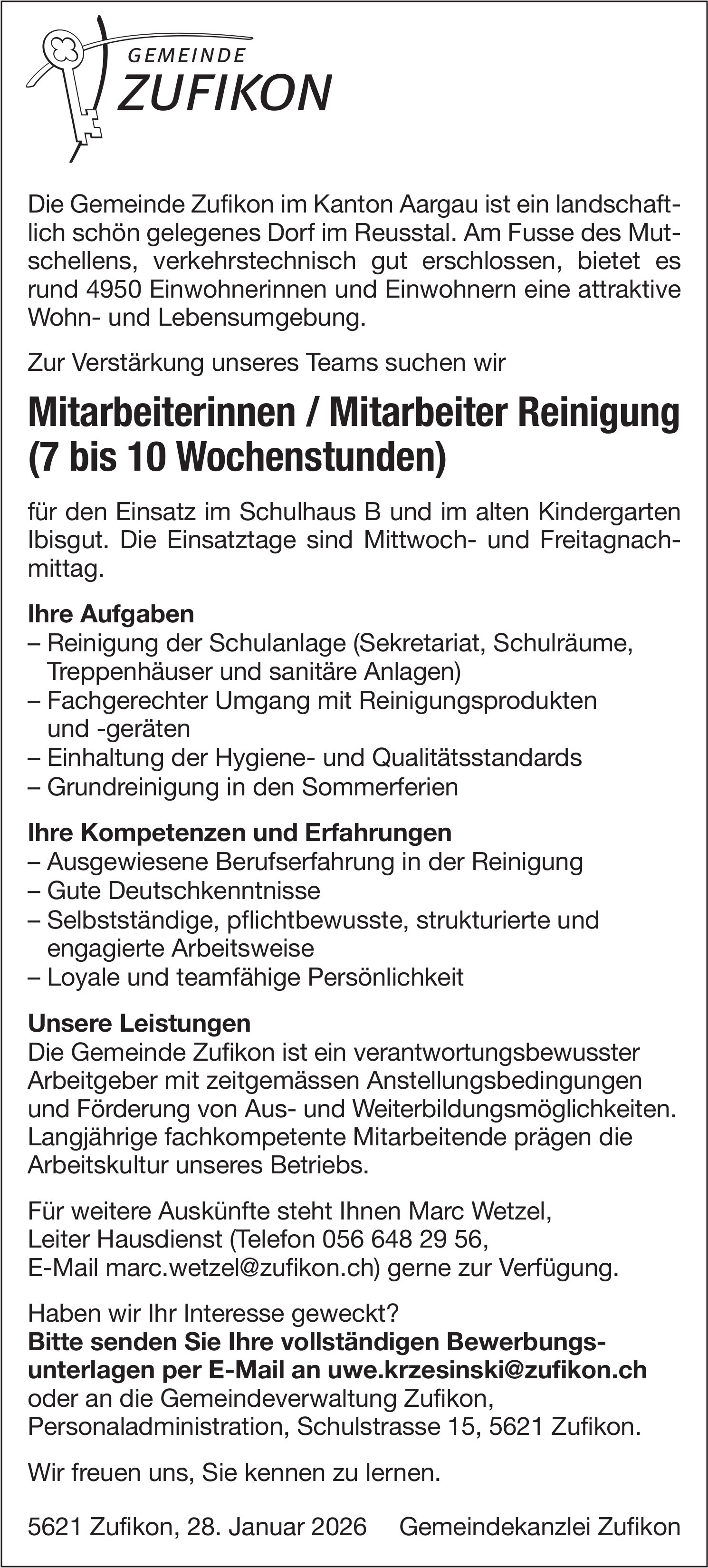 Mitarbeiterinnen / Mitarbeiter Reinigung (7 bis 10 Wochenstunden), Gemeinde Zufikon, gesucht