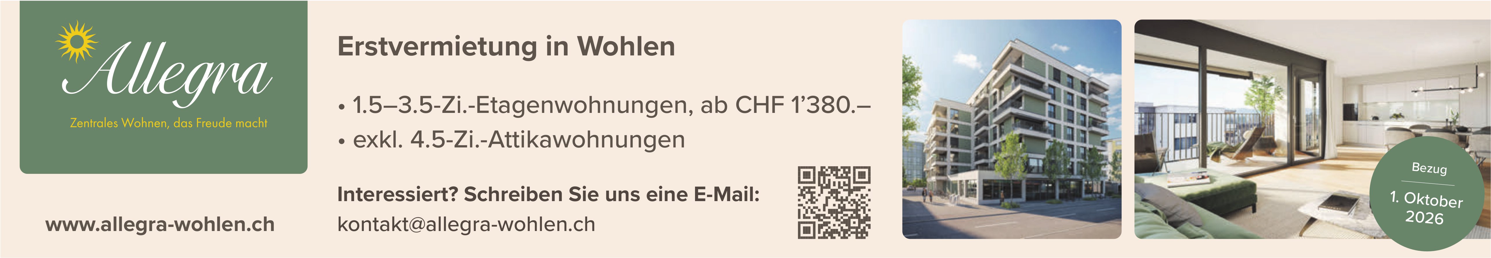 Erstvermietung: 1.5-3.5-Zi.-Etagenwohnungen / exkl. 4.5-Zi.-Attikawohnungen, Wohlen, zu vermieten