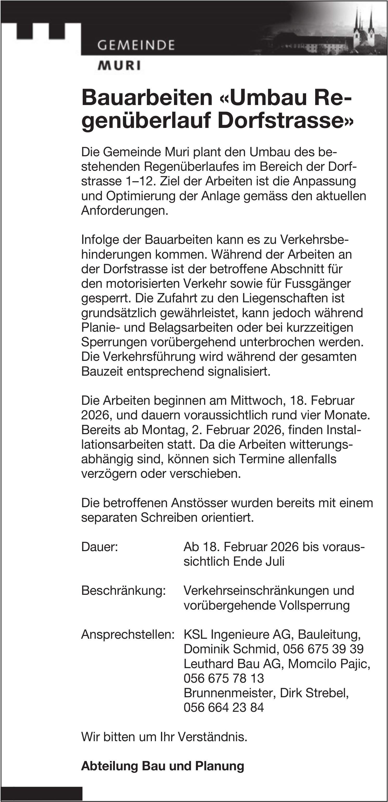 Baugesuche, Gemeinde Muri, Bauarbeiten «Umbau Regenüberlauf Dorfstrasse»